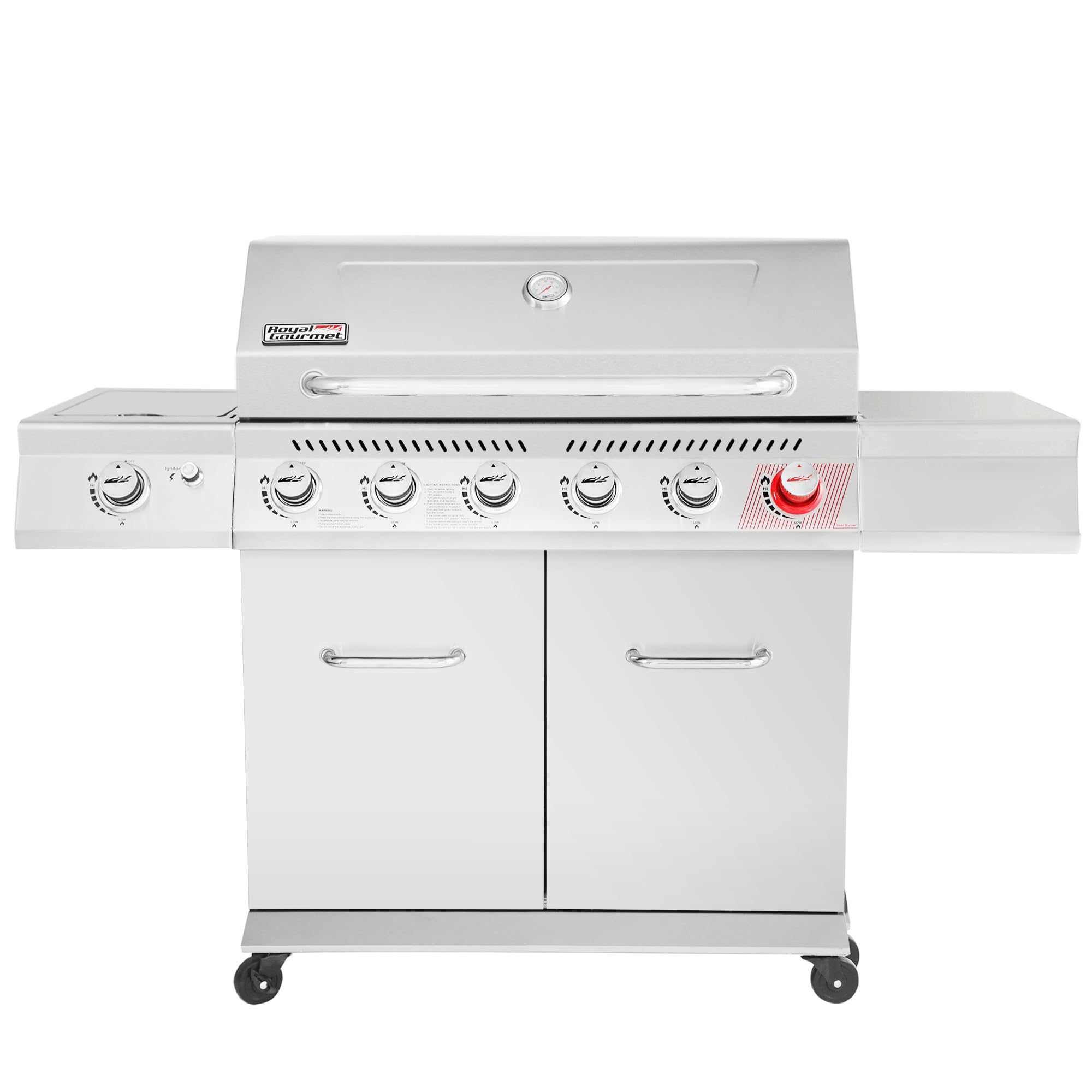 Royal Gourmet GA6402S Stainless Steel Gas Grill, Premier 6-Burner Propane Grill with Sear Burner and Side Burner, 74,000 BTU, Cabinet Style, Outdoor BBQ Party Grill, Silver