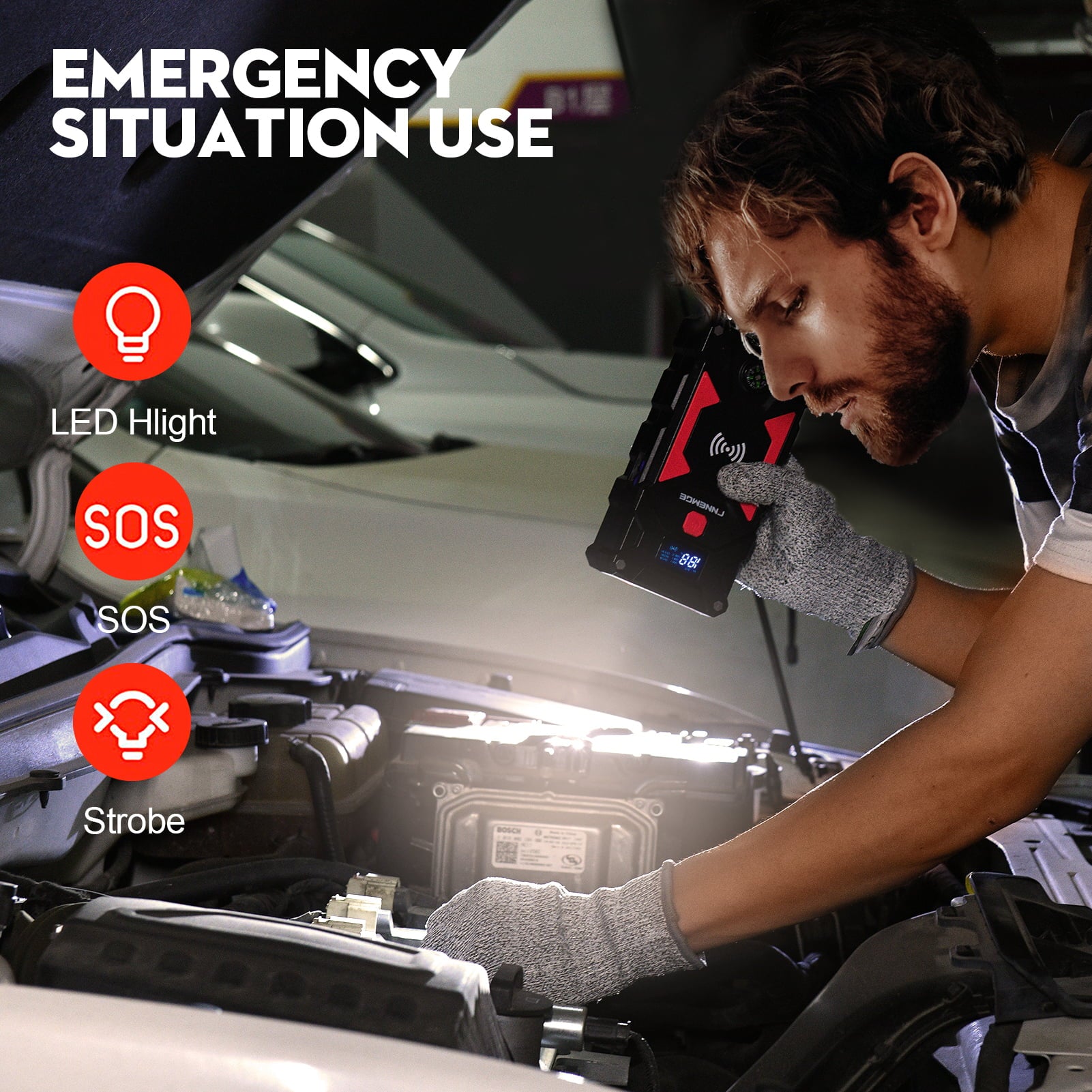 FNNEMGE Car Jump Starter 2500A Peak 24800mAh (Up to All Gas, 8.0L Diesel Engine), with 10W Wireless Charger Power Bank, 12V Auto Battery Booster with Smart Jumper Cable, USB Quick Charge 3.0