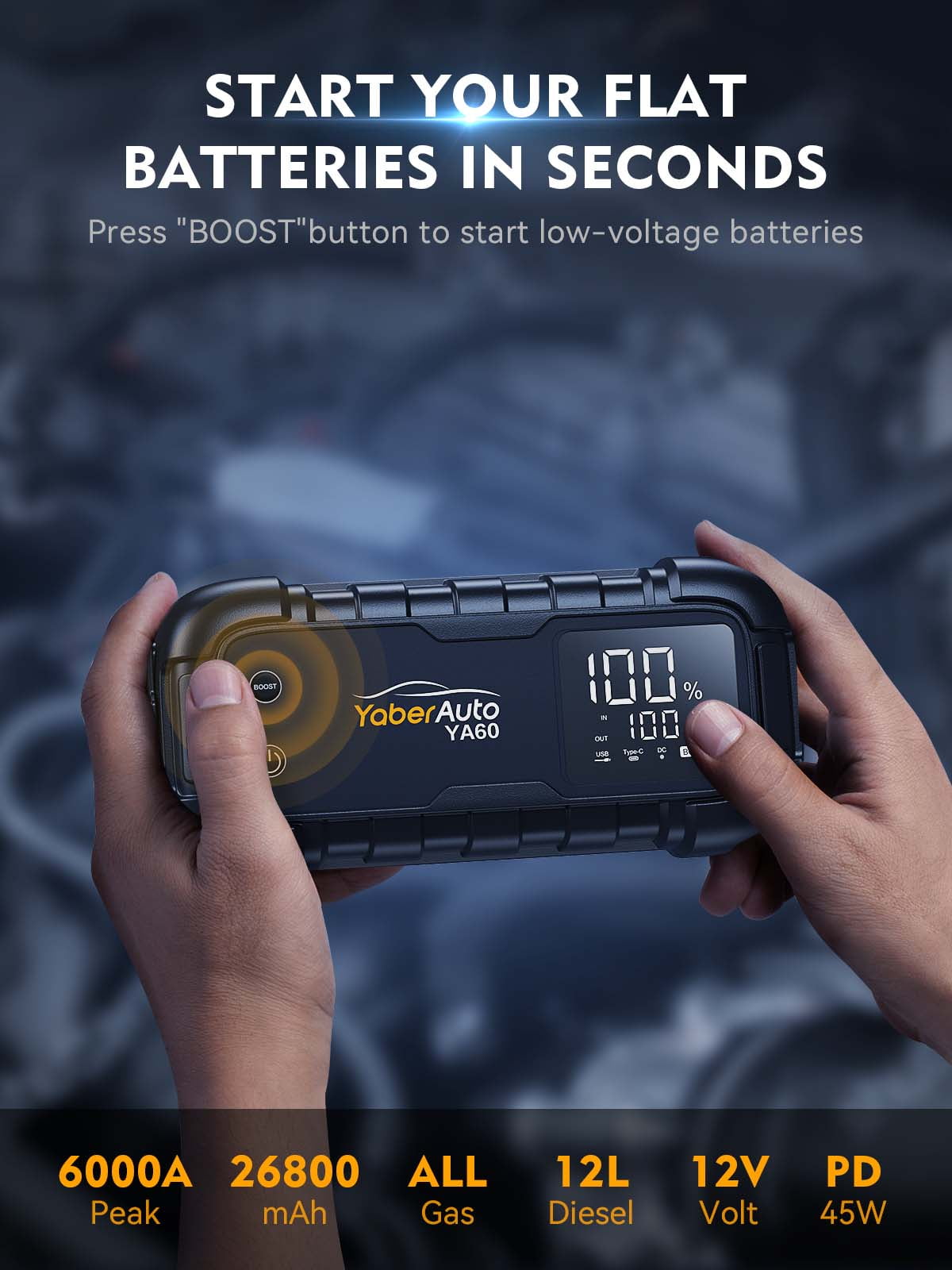 YaberAuto Car Battery Jump Starter 6000A Powerful Portable Jump Box( for All Gas/ 12L Diesel Engines)45W Fast Charging,Extended Jumper Cables,600 Lumens Light