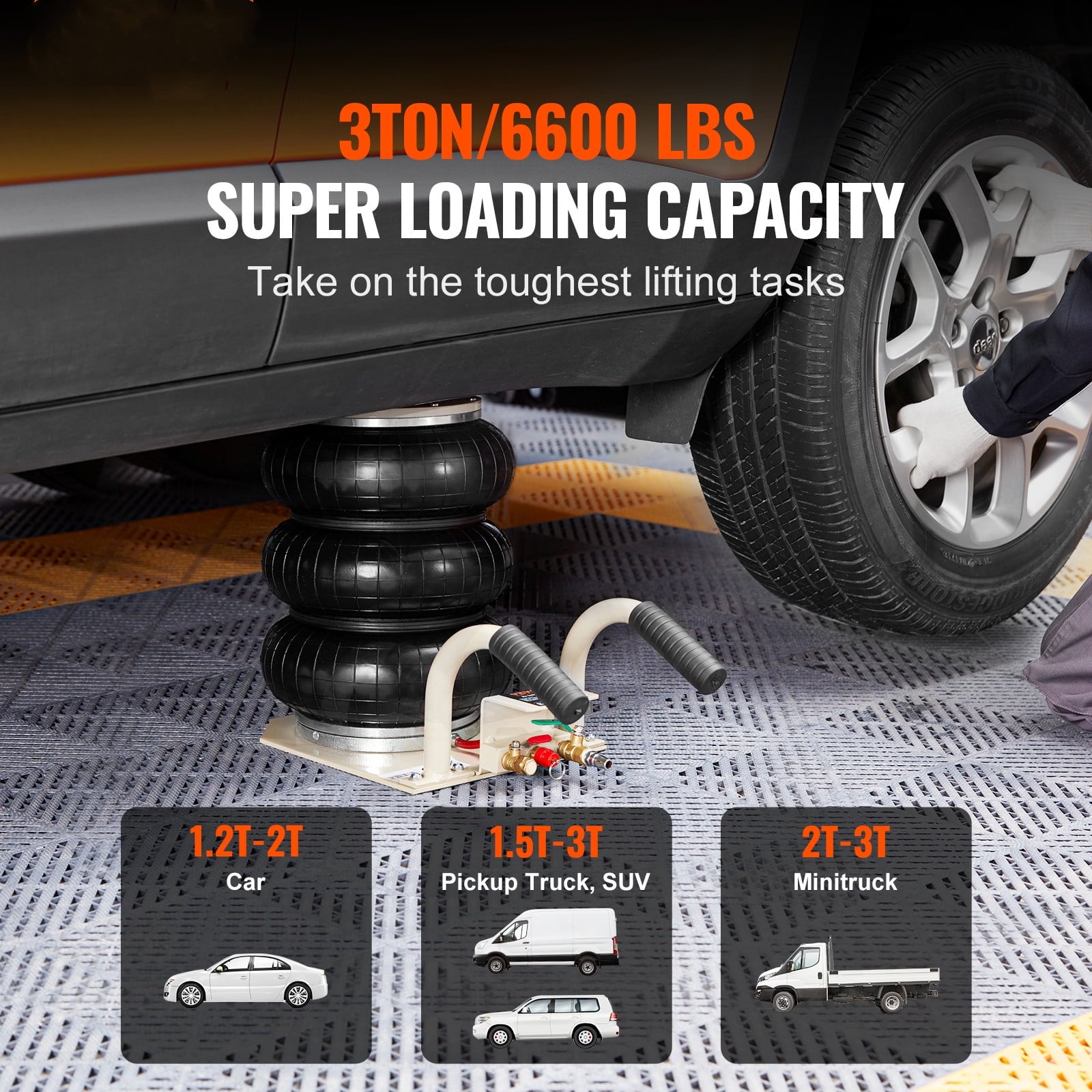 BENTISM Air Jack, 3 Ton/6600 lbs Triple Bag Air Jack, Airbag Jack with Six Steel Pipes, Lift up to 17.7 inch/450 mm, 3-5 s Fast Lifting Pneumatic Jack, with Short Handles for Car Repair, (white)