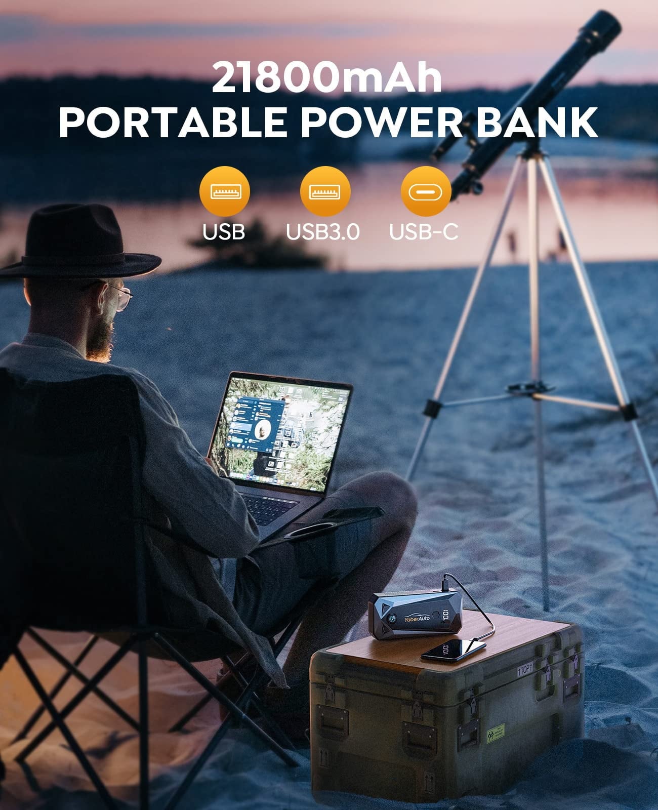 Car jump starter 3000A 21800mAh( 9.0L Gas/8.0L Diesel) Powerful Portable Jump Box with Fast Charge Extended Cables and Lights YaberAuto