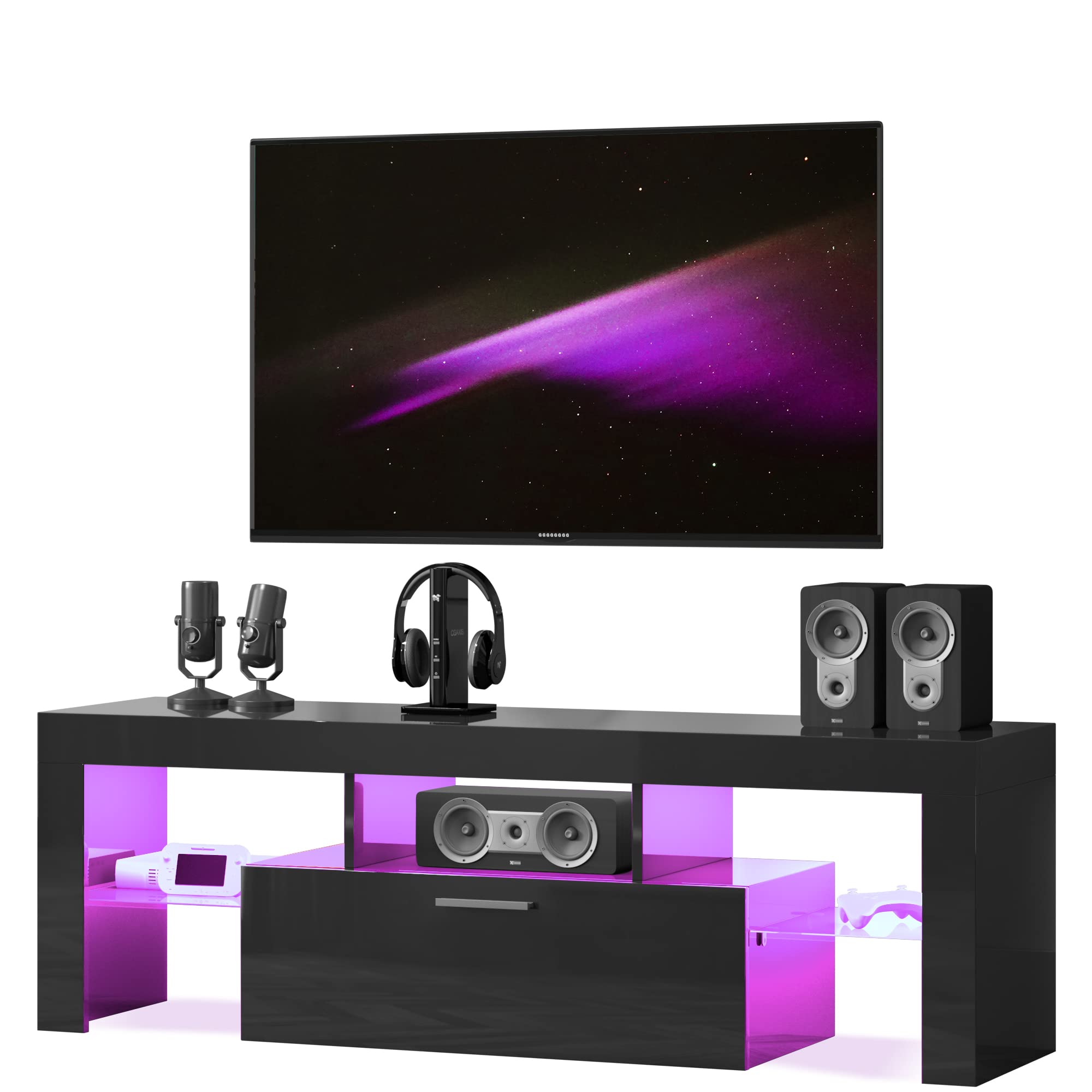 Entrintou Modern LED TV Stand for 32/40/50/55 inch TV, High Glossy Entertainment Center with LED Lights, Gaming Television Stands with Large Storage, Black Wood TV Console for Living Room, Bedroom