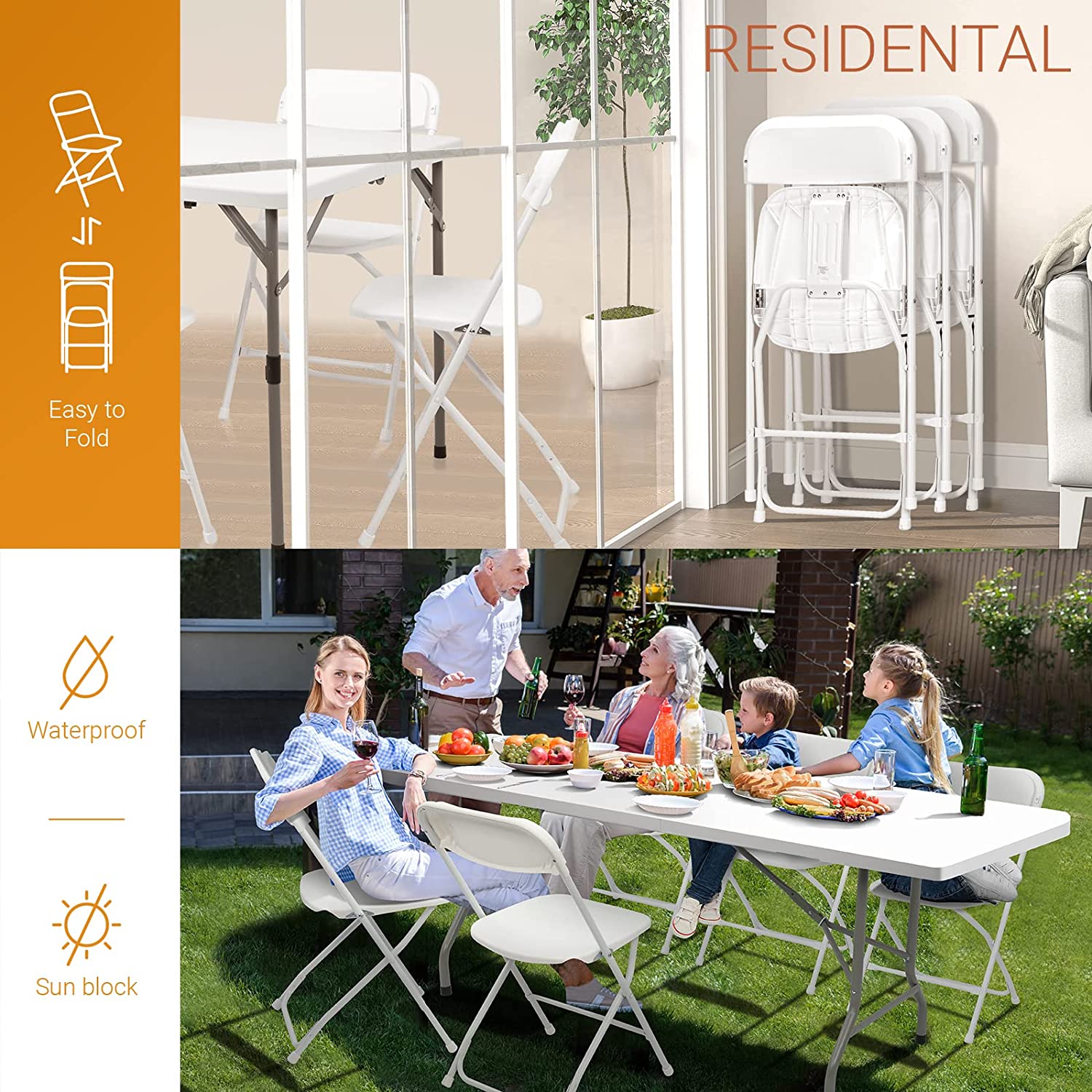 VINGLI 10 Pack White Plastic Folding Chair， Indoor Outdoor Portable Stackable Commercial Seat with Steel Frame 350lb. Capacity for Events Office Wedding Party Picnic Kitchen Dining