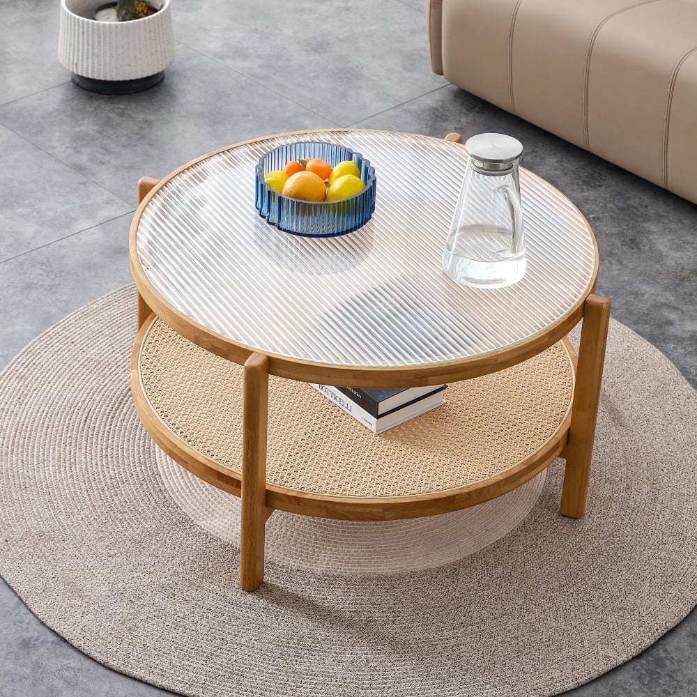 Glass Top, Imitation Rattan Side Table. Modern Minimalist White Double-walled Solid Wood Coffee Table. Rectangular Tables for Living Rooms, Dining Rooms and Bedrooms
