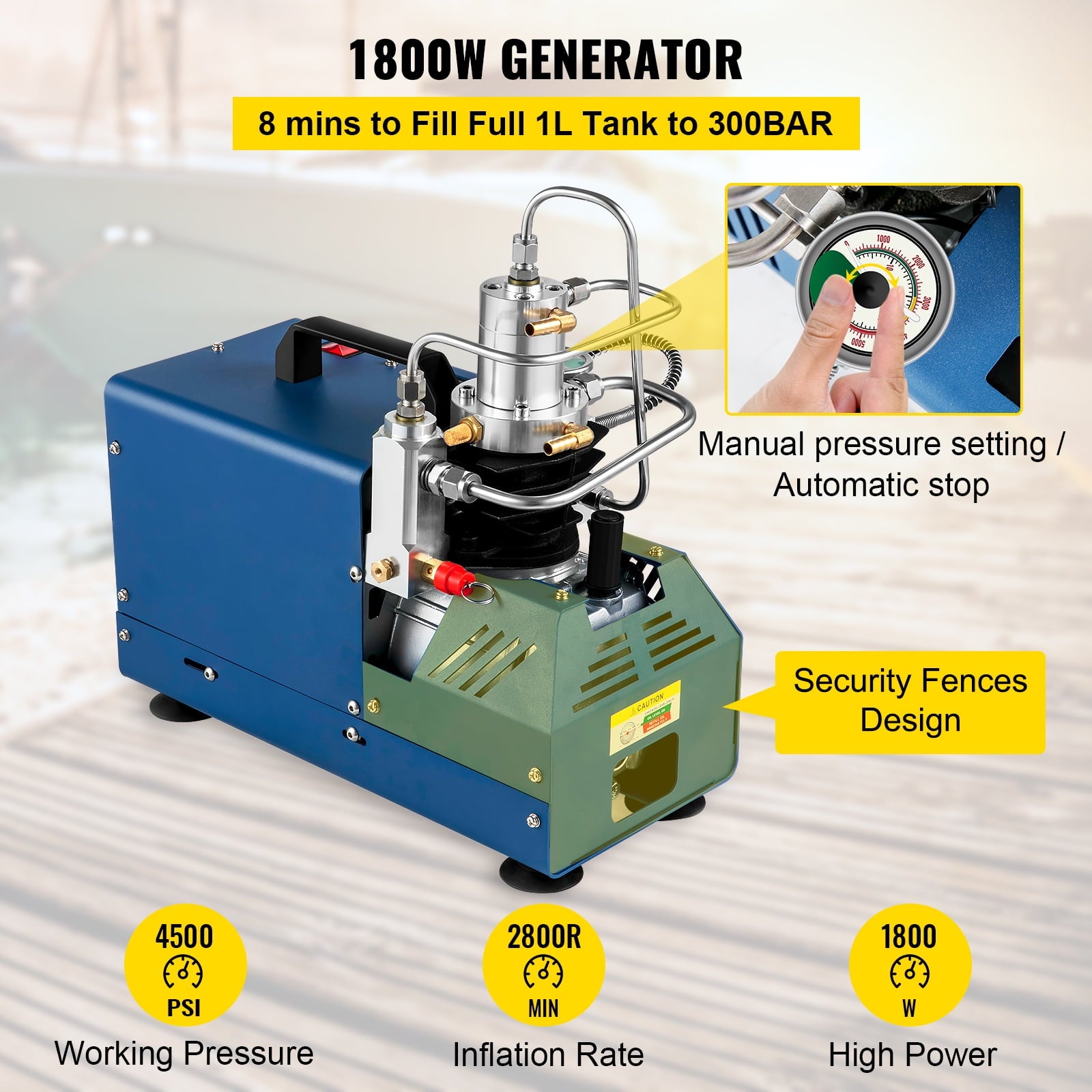 VEVORbrand High Pressure Compressor, 4500PSI/30MPA/300BAR High Pressure Air Compressor, 1800W 110V Automatic Stop Air Rifle Compressor for Paintball Air Rifle, PCP Rifle, Air Pistol, Diving Bottle