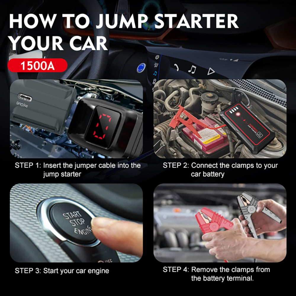 1500A Car Jump Starter 12V 14000mAh(up to 8L Gas,6L Diesel Engines) with USB Quick Charge 3.0 and Smart Clip
