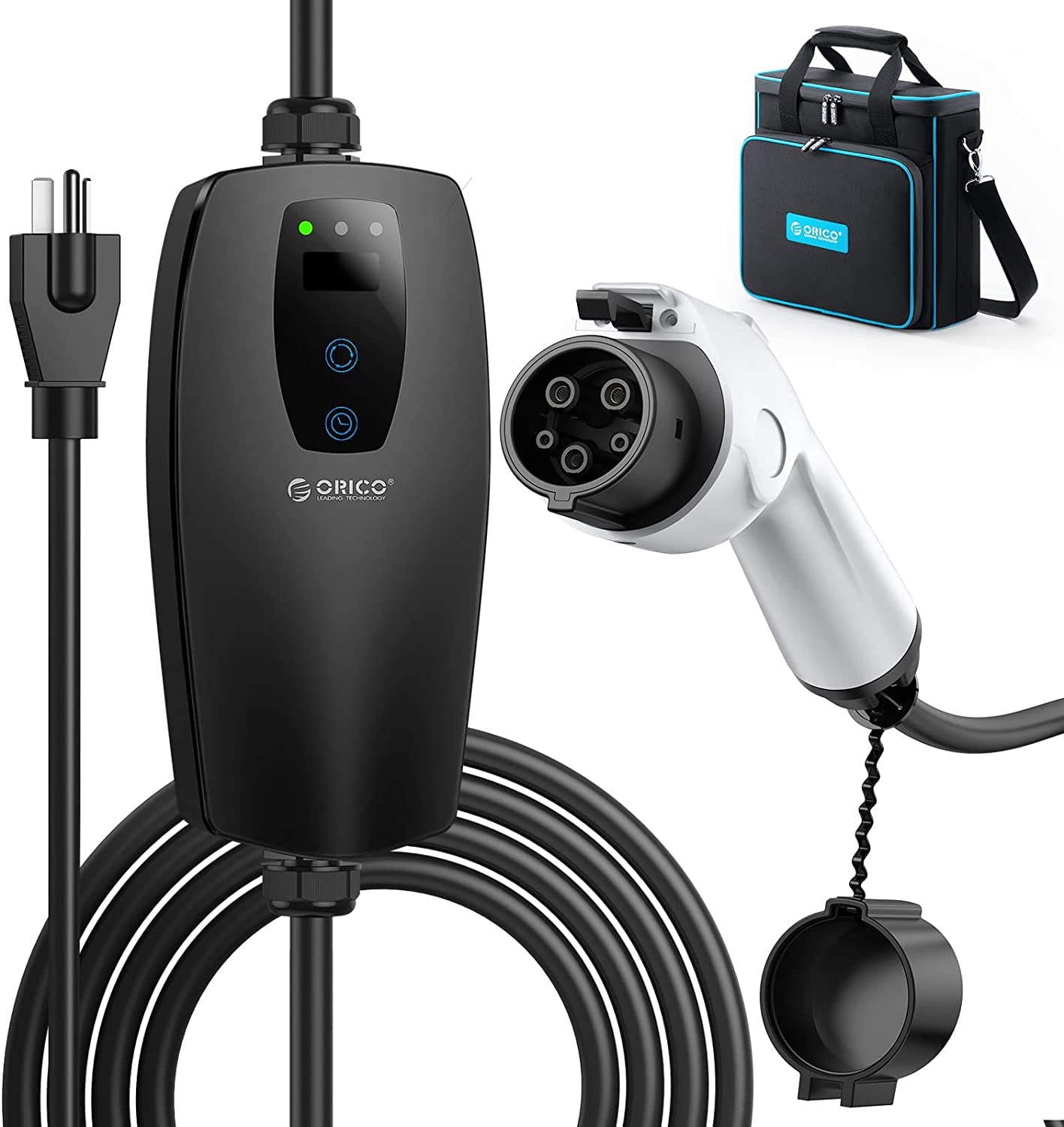 ORICO EV Charger Level 1 Level 2 Portable Electric Vehicle Charger 4-Gear Charging Speed Adjustable, NEMA 5-15P 110V-240V 16 Amp with 32.8 ft Extension Cord and Storage Bag - Compatible with J1772 EVs