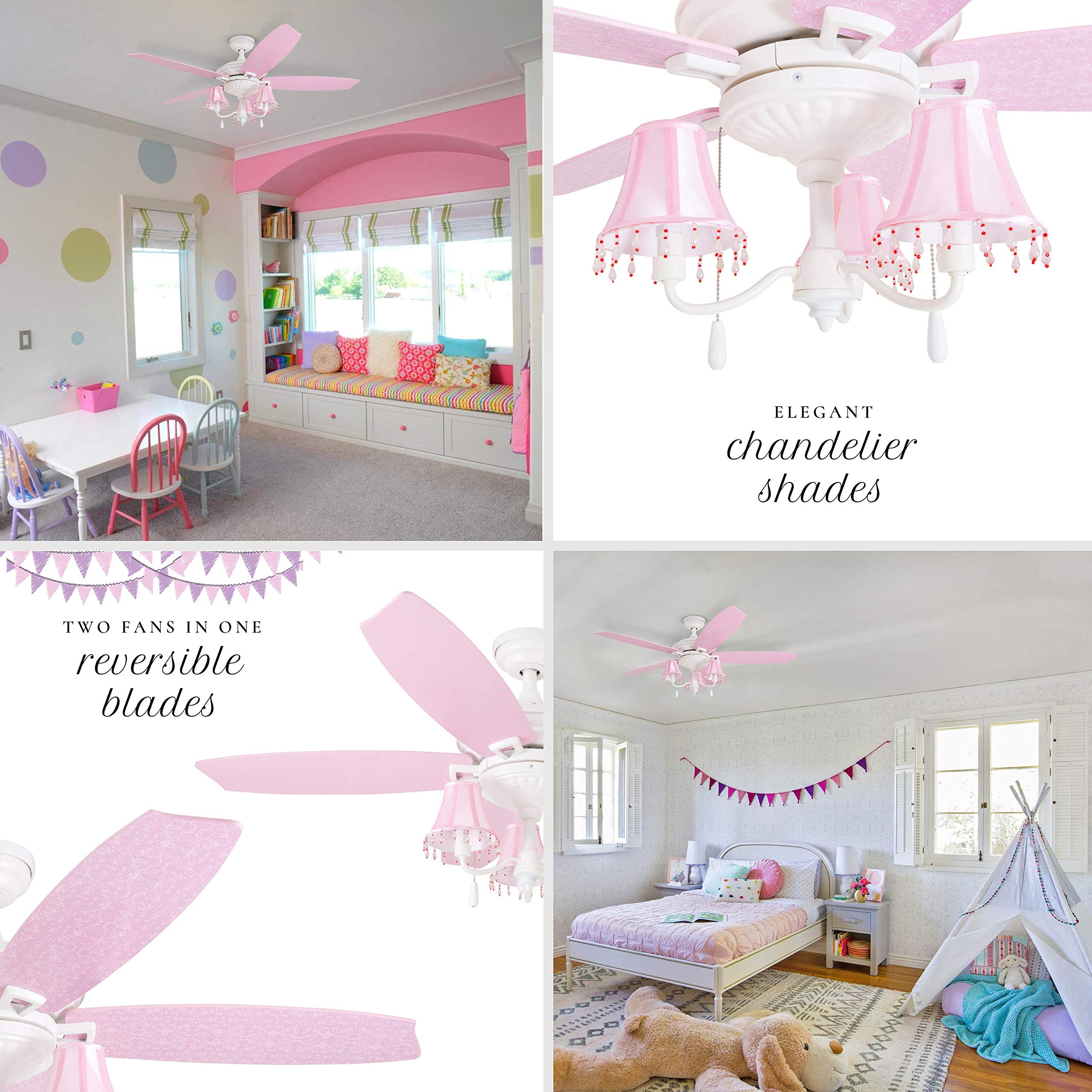 Prominence Home Elsa, 48 Inch Princess Style Indoor LED Ceiling Fan with Light, Pull Chain, Three Mounting Options, 5 Dual Finish Blades, Reversible Motor 50623-01 (White/ Pink)