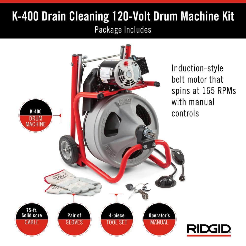 K-400 Drain Cleaning Snake Auger 120-Volt Drum Machine with C-32IW 3/8 in. x 75 ft. Cable + 4-Piece Tool Set & Gloves 52363