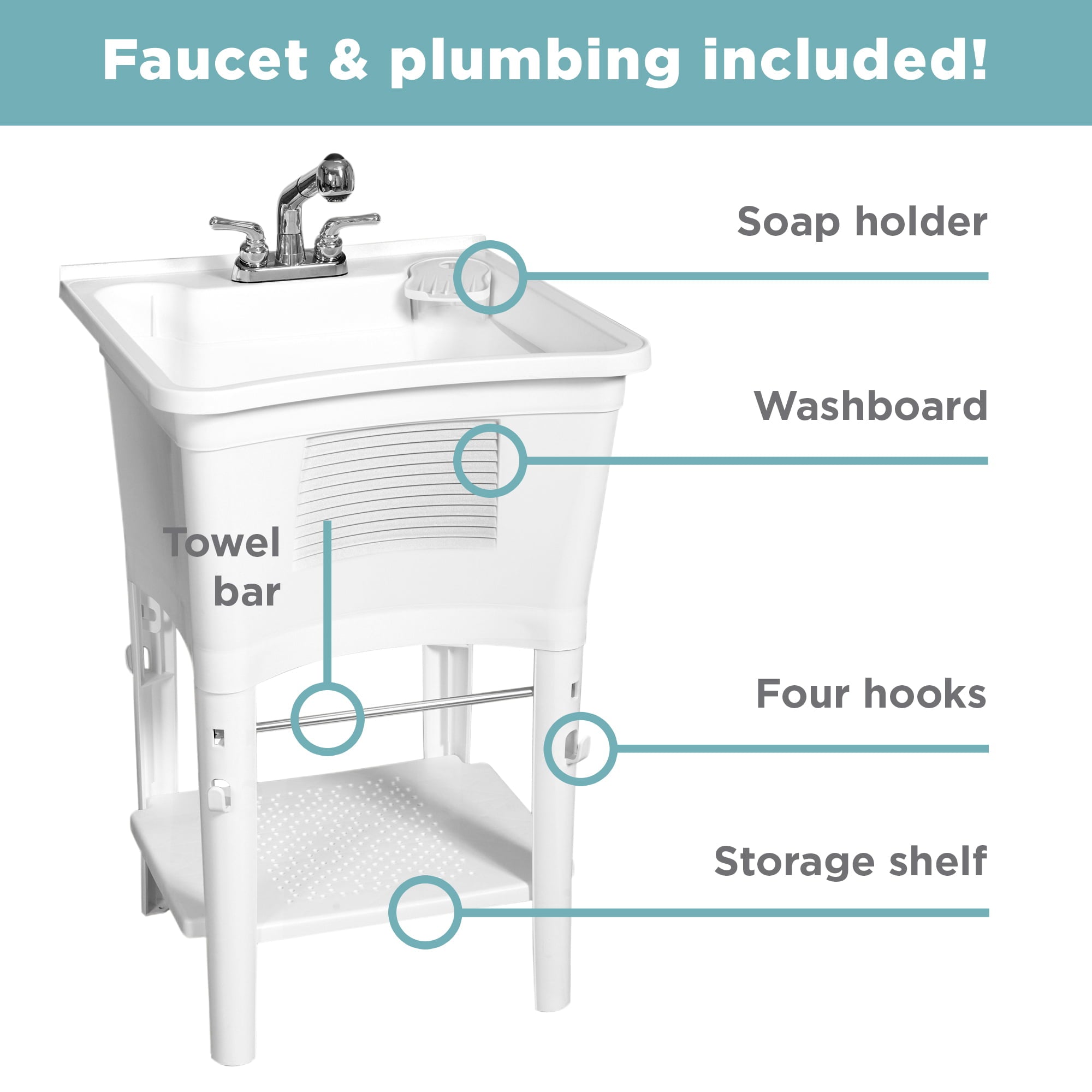 Zenna Home Ergo Tub Utility Sink with Pull-Out Faucet: Laundry Tub with 24