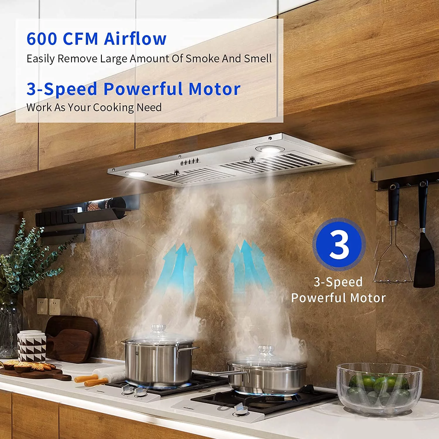 Range Hood 30-inch Built-in Insert Cooker Hood 600CFM Powerful Exhaust Vent Fan