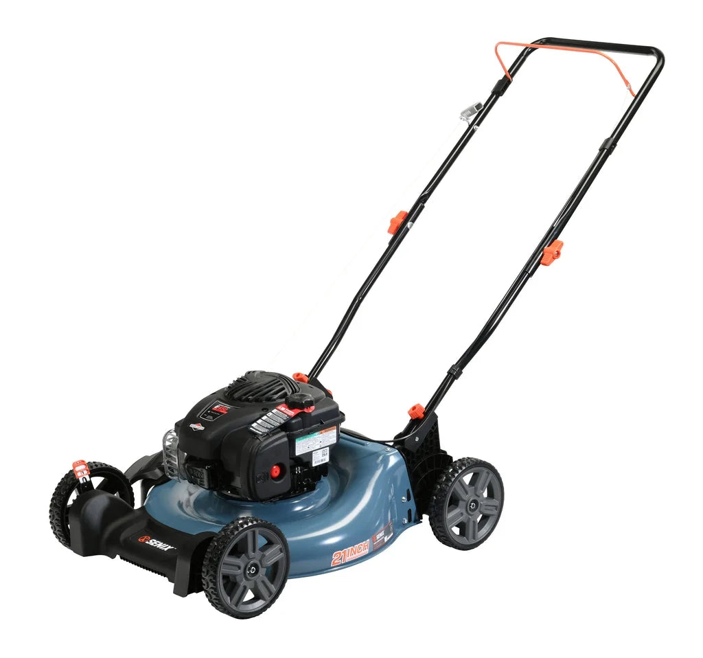 SENIX 21-Inch Push Lawn Mower, 125 cc 4-Cycle Gas Powered, Mulch & Side Discharge, Dual Lever Height Adjustment, LSPG-M3