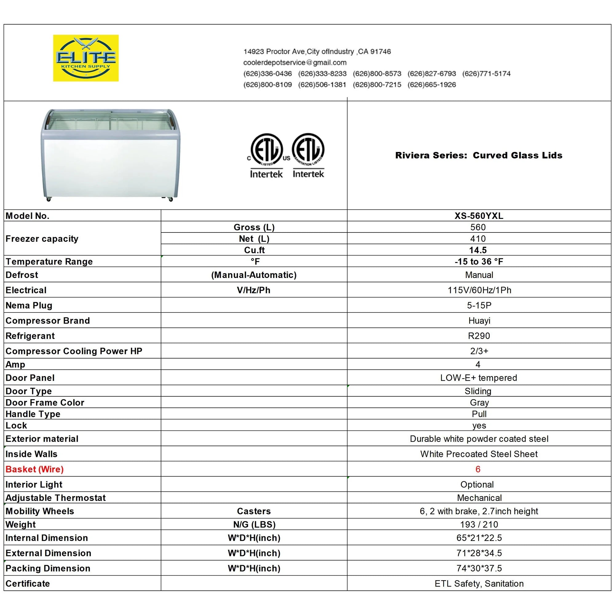 72 in. Curved Lid Glass Commercial Chest Freezer, 14.5 Cu. Ft.