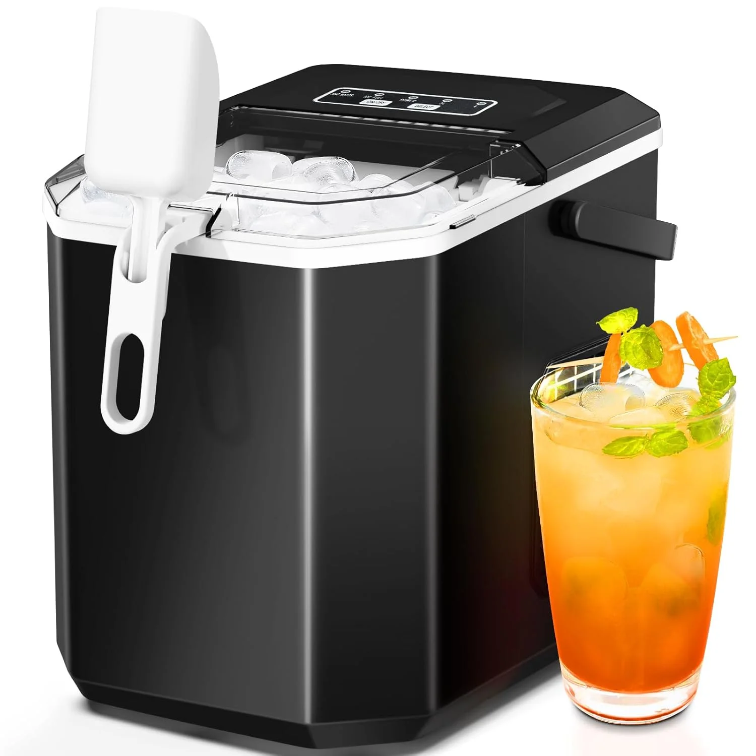 Countertop Ice Maker,Portable Ice Machine with Carry Handle,Self-Cleaning,Basket and Scoop,9 Cubes in 6 Mins,26.5lbs/24Hrs,2 Sizes of Bullet Ice,for Home,Kitchen,Party,Black,Green