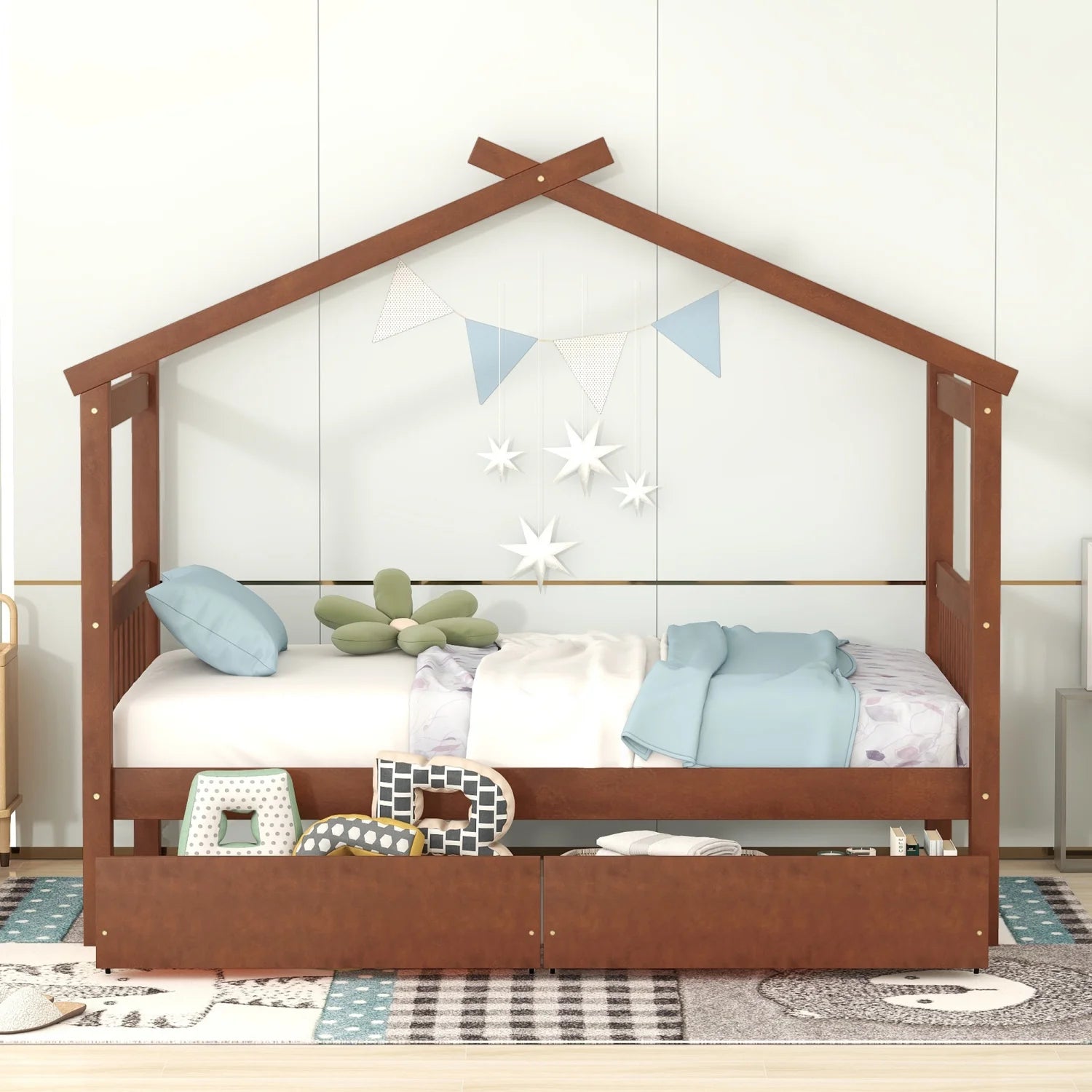 Upgrade your bedroom decor with this cozy and elegant Twin Size Wooden House Bed. Featuring spacious drawers and a stylish walnut finish this bed is the perfect addition to your bedroom.