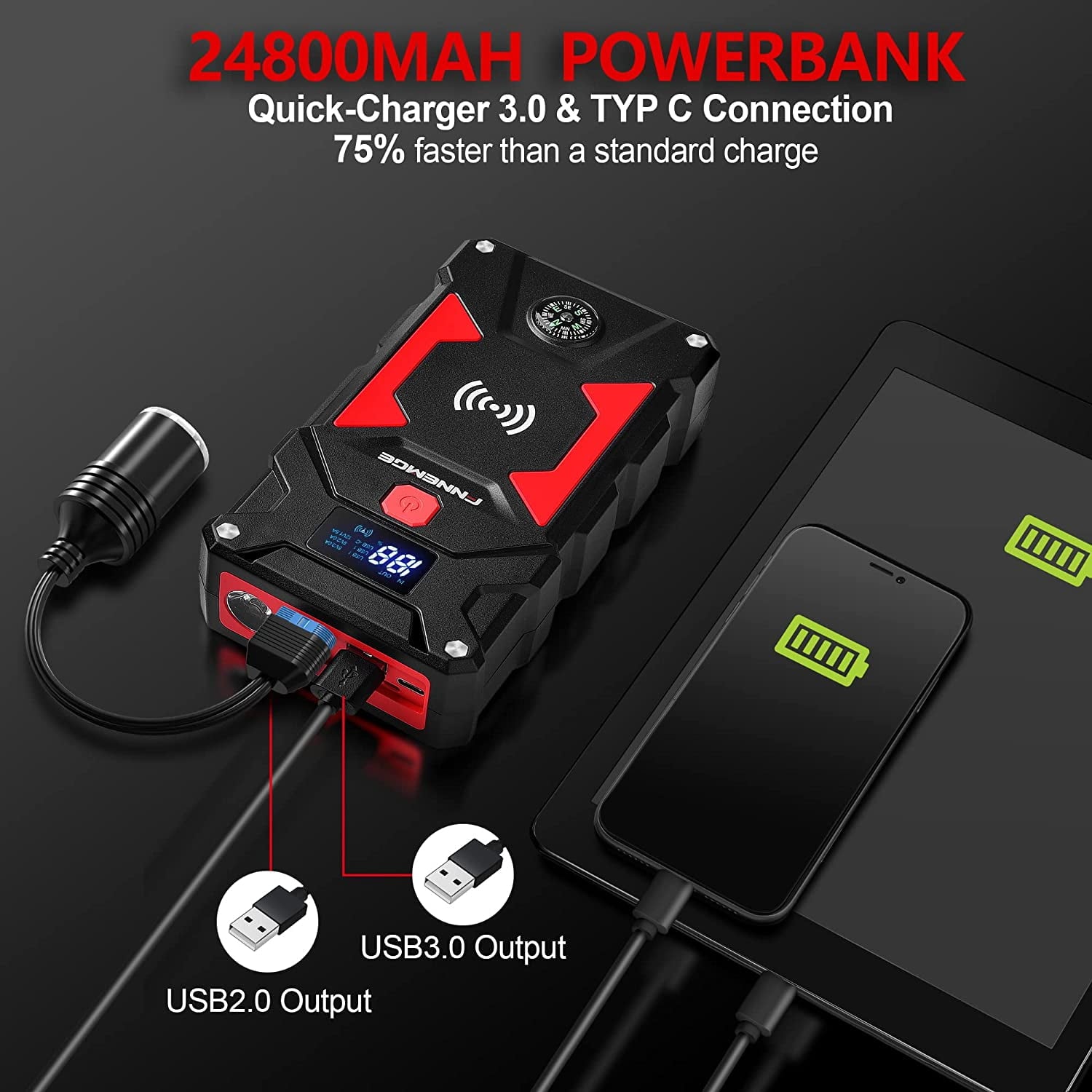 FNNEMGE Car Jump Starter 2500A Peak 24800mAh 12V Super Safe Jump Starter(Up to All Gas, 8.0L Diesel Engine), with 10W Wireless Charger Power Bank, with Smart Jumper Cable, USB Quick Charge 3.0