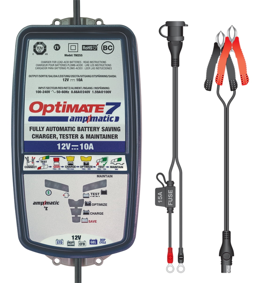 Tecmate OptiMate 7 Ampmatic 12V 10A Battery Saving Charger & Maintainer (TM-255)