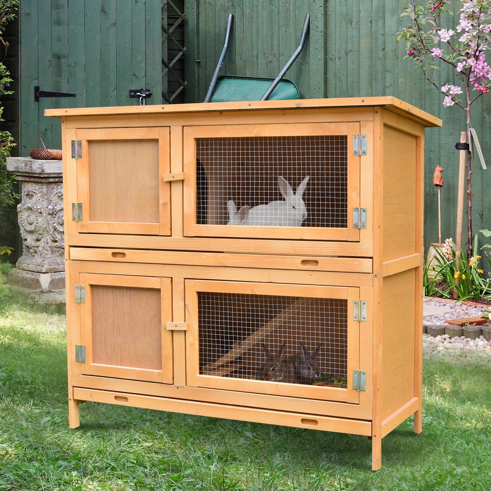 Pawhut Solid Wood Rabbit/Bunny Hutch with 2 Large Main Rooms, Yellow