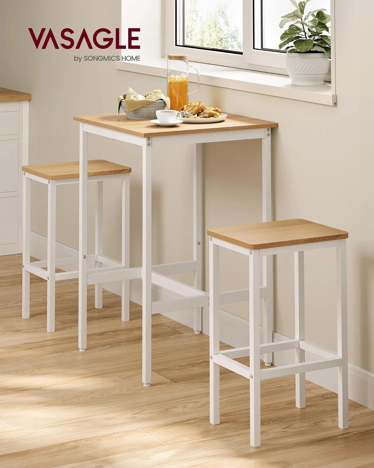 Bar Table and Chairs Set, Square Bar Table with 2 Bar Stools, Dining Pub Bar Table Set for 2, Space Saving for Kitchen Breakfast, Living Room, Party Room, Golden Oak and Cloud White