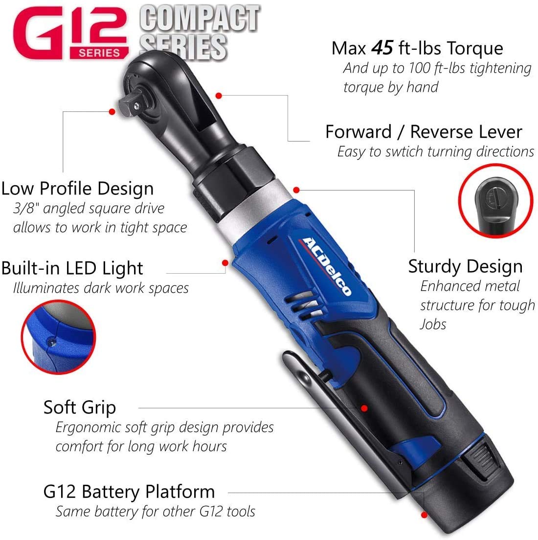 ACDelco ARW1209-K9 G12 Series 12V Li-ion Cordless u00bcu201d & 3/8u201d Ratchet Wrench Combo Tool Kit with Canvas Bag