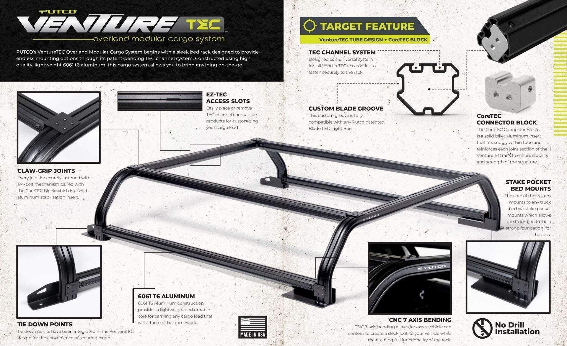 PUTCO Venture TEC Rack - 2016-2021+ Toyota Tacoma 6' Standard Box - 184410