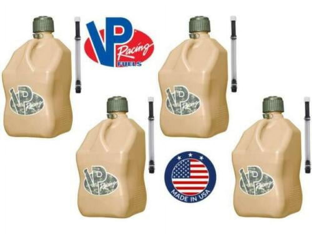 VP Racing Fuels 5 Gallon Square Tactical Tan Racing Utility Jug, 4 Tactical Tan Jugs with 4 Deluxe Filler Hoses