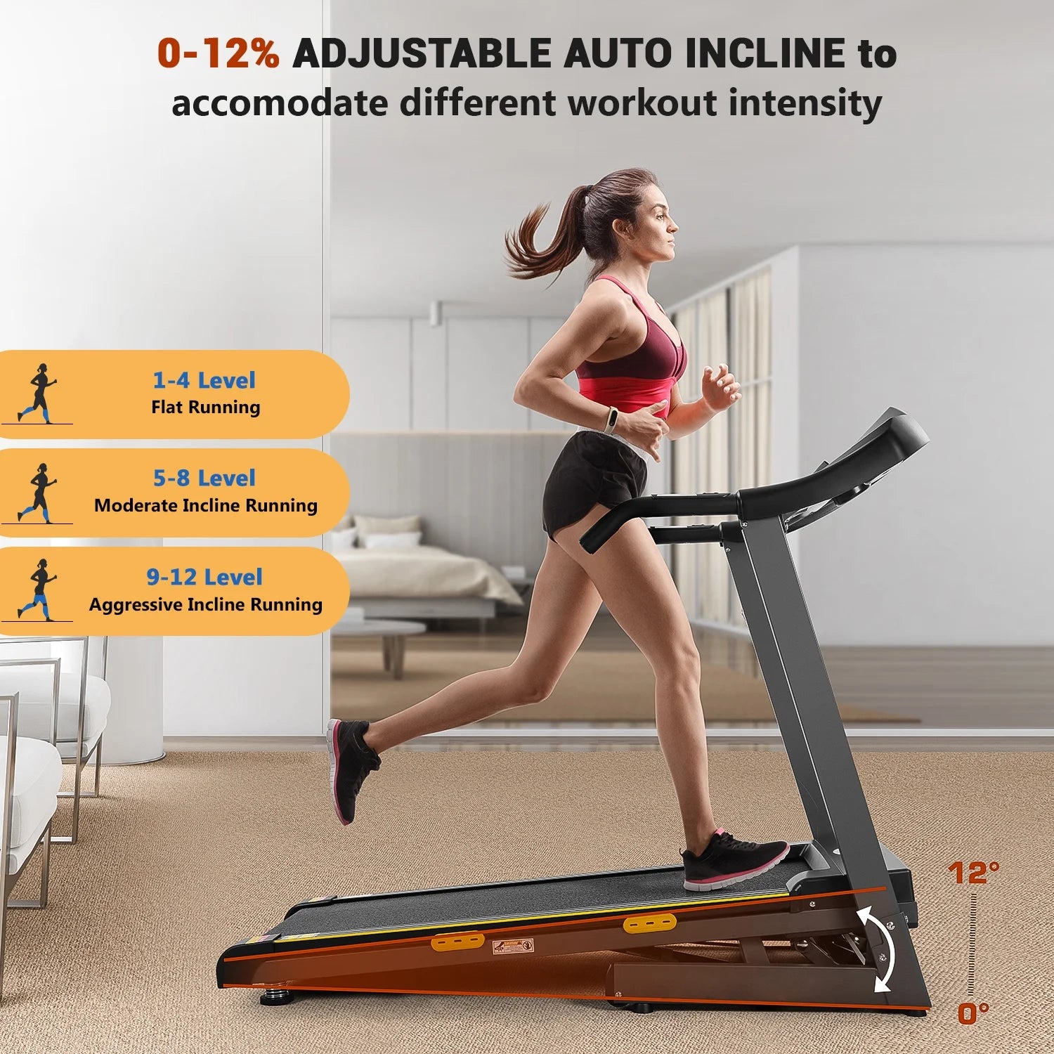 MARNUR 2.5 HP Treadmill with 12% Auto Incline, 220 lb Weight Capacity, 0.5-8.5 mph