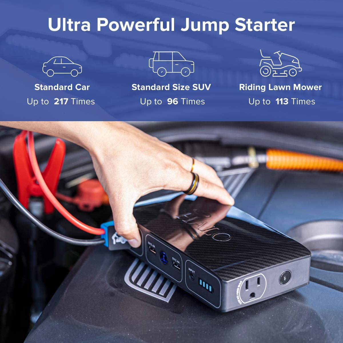 HALO Bolt 58830 mWh Portable Phone Laptop Charger Car Jump Starter with AC Outlet and Car Charger - Wood Grain