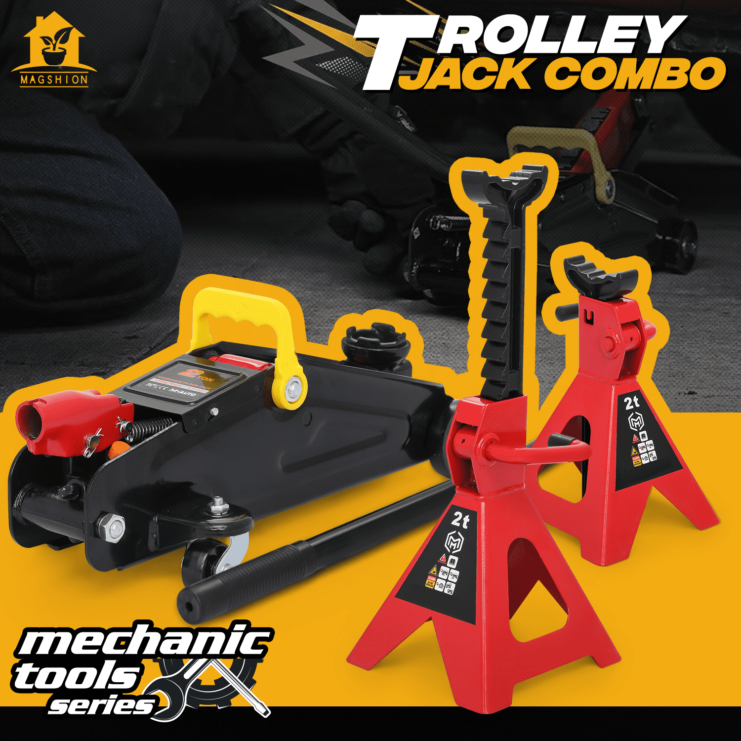 Magshion 3Pcs Heavy Duty Car Jack Set, 2 Ton Low Profile Floor Jack with 2 Jack Stand for Car Truck SUV, (4,400 lbs) Capacity, Red