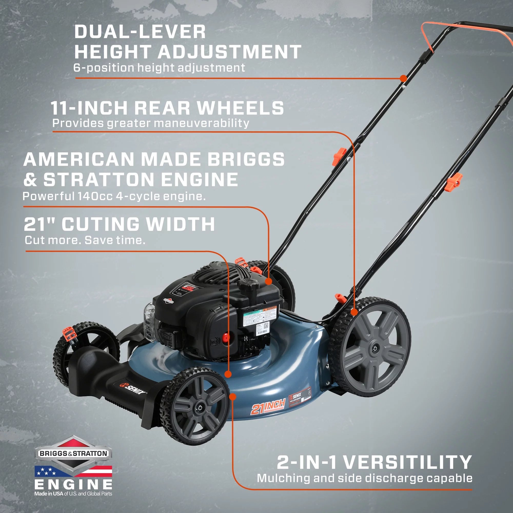 Senix Gas Push Lawn Mower, 21-Inch, 140 cc 4-Cycle Briggs & Stratton Engine, 2-in-1 Push Lawnmower, 6-Position Height Adjustment with Folding Capability, LSPG-M6