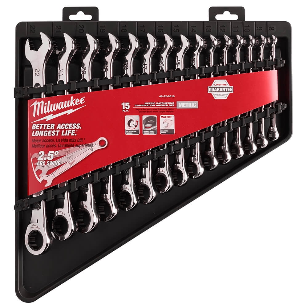 Milwaukee 48-22-9516 - 15-Piece Metric 12-Point Straight Head Ratcheting Combination Wrench Set with Storage Tray