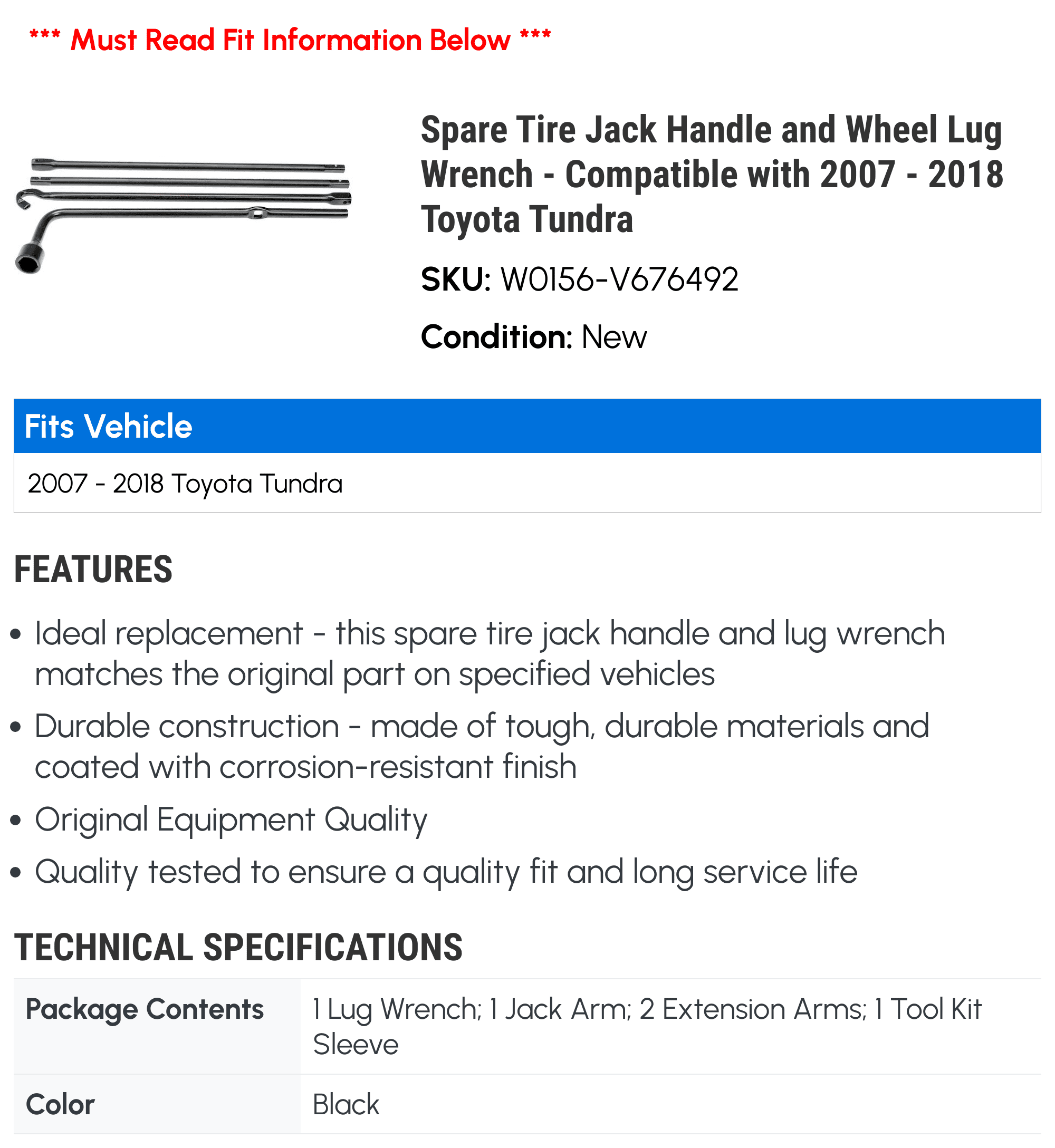 Spare Tire Jack Handle and Wheel Lug Wrench - Black - Compatible with 2007 - 2018 Toyota Tundra 2008 2009 2010 2011 2012 2013 2014 2015 2016 2017