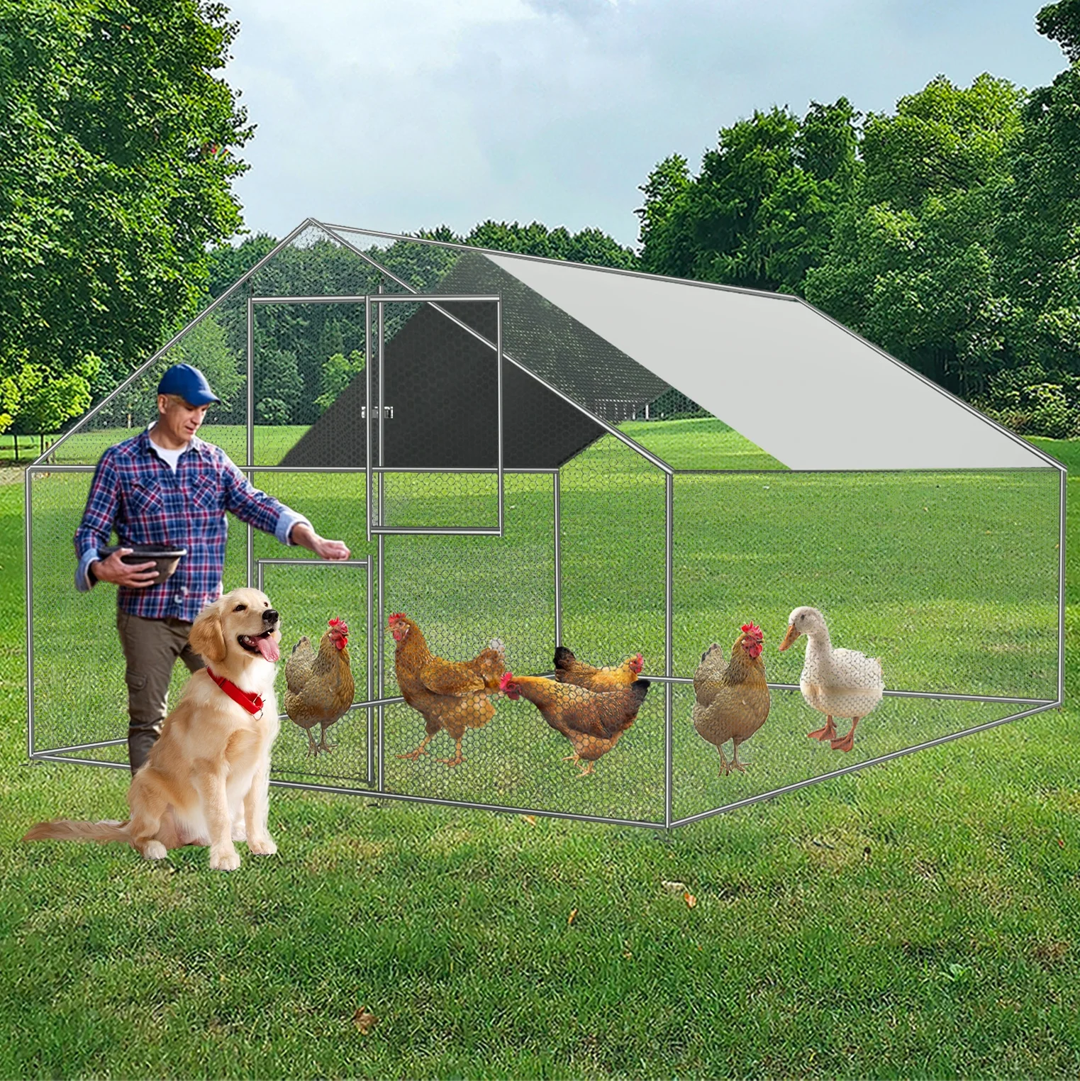 Caulitar 10 X 10FT Large Metal Chicken Coop Walk-in Poultry Cage Chicken Run Pen Rabbit Duck House with Waterproof and Anti-UV Cover for Outdoor Farm Use