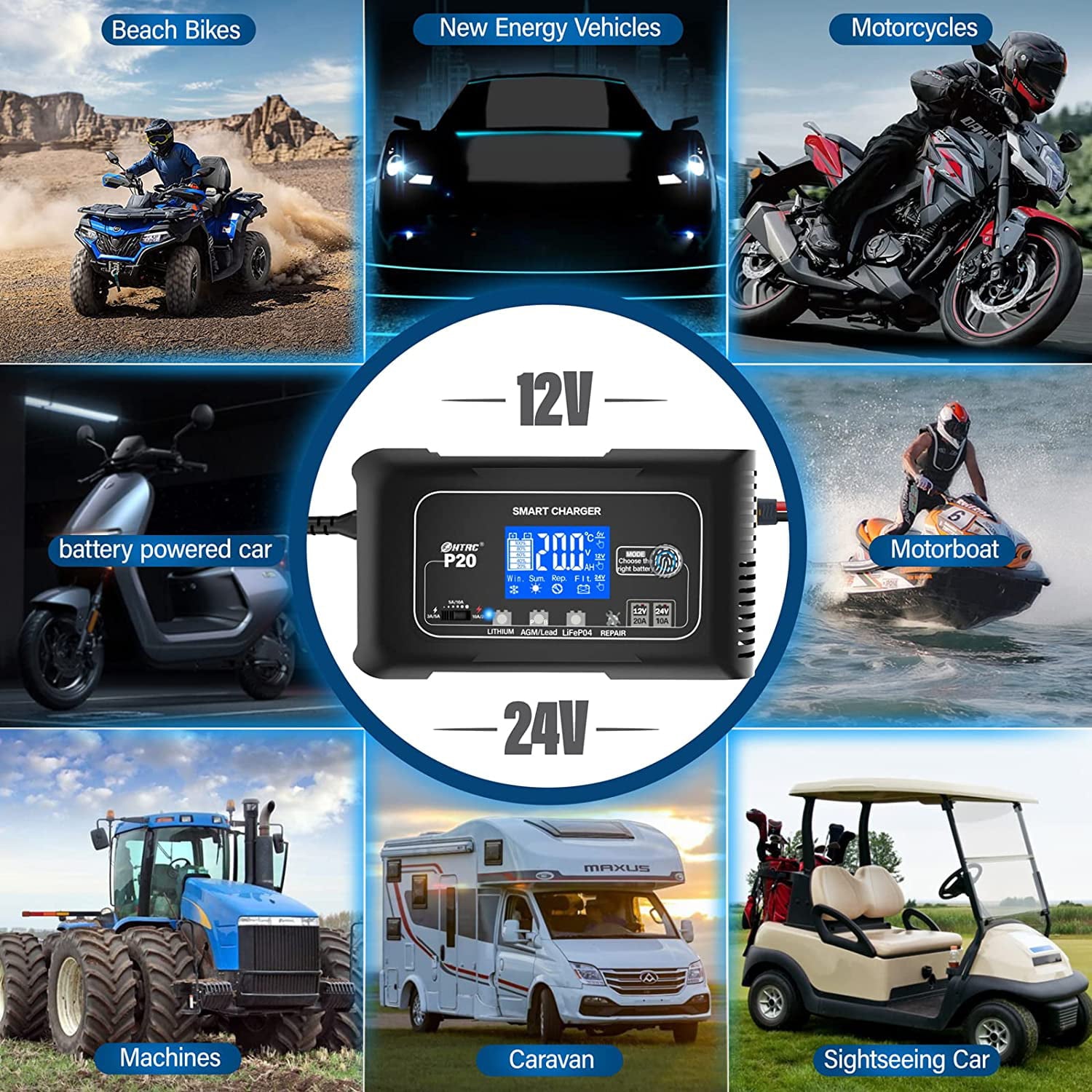 OIEXI 20-Amp Smart Battery Charger,Lithium,LiFePO4,Lead-Acid,Portable Car Battery Charger,Trickle Charger,Maintainer/Deep Cycle Charger,12V/20A and 24V/10A Adjustable,for Boat,Lawn Mower,Golf Cart..