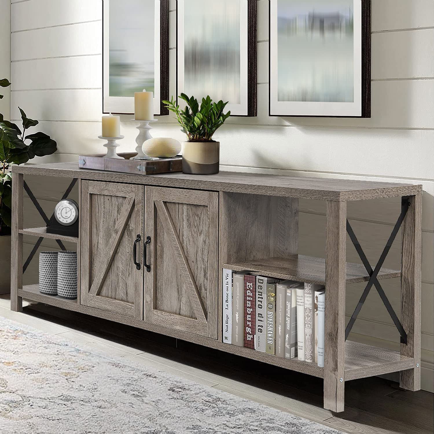 70 Inch TV Stand for 75 Inch TV Entertainment Center Farmhouse, Modern Barn Door TV Console Table with Storage Cabinets and Shelves for TVs Up to 75