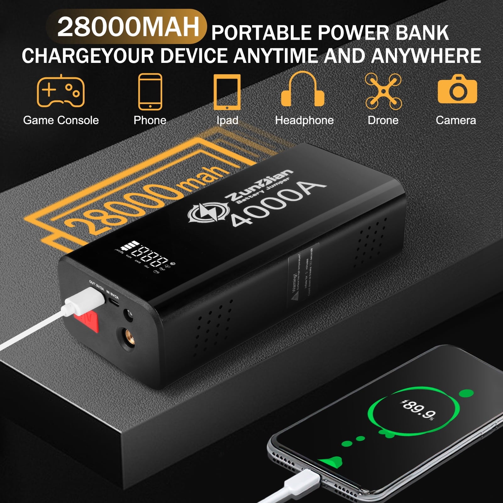 Jump Starter with Air Compressor, 4000A Portable Battery Jump Starter, 150PSI Digital Tire Inflator, 12V Jump Box Battery Power Pack(10.0L Gas/8.0L Diesel), Jumper Cables, QC 3.0, Included Gifts