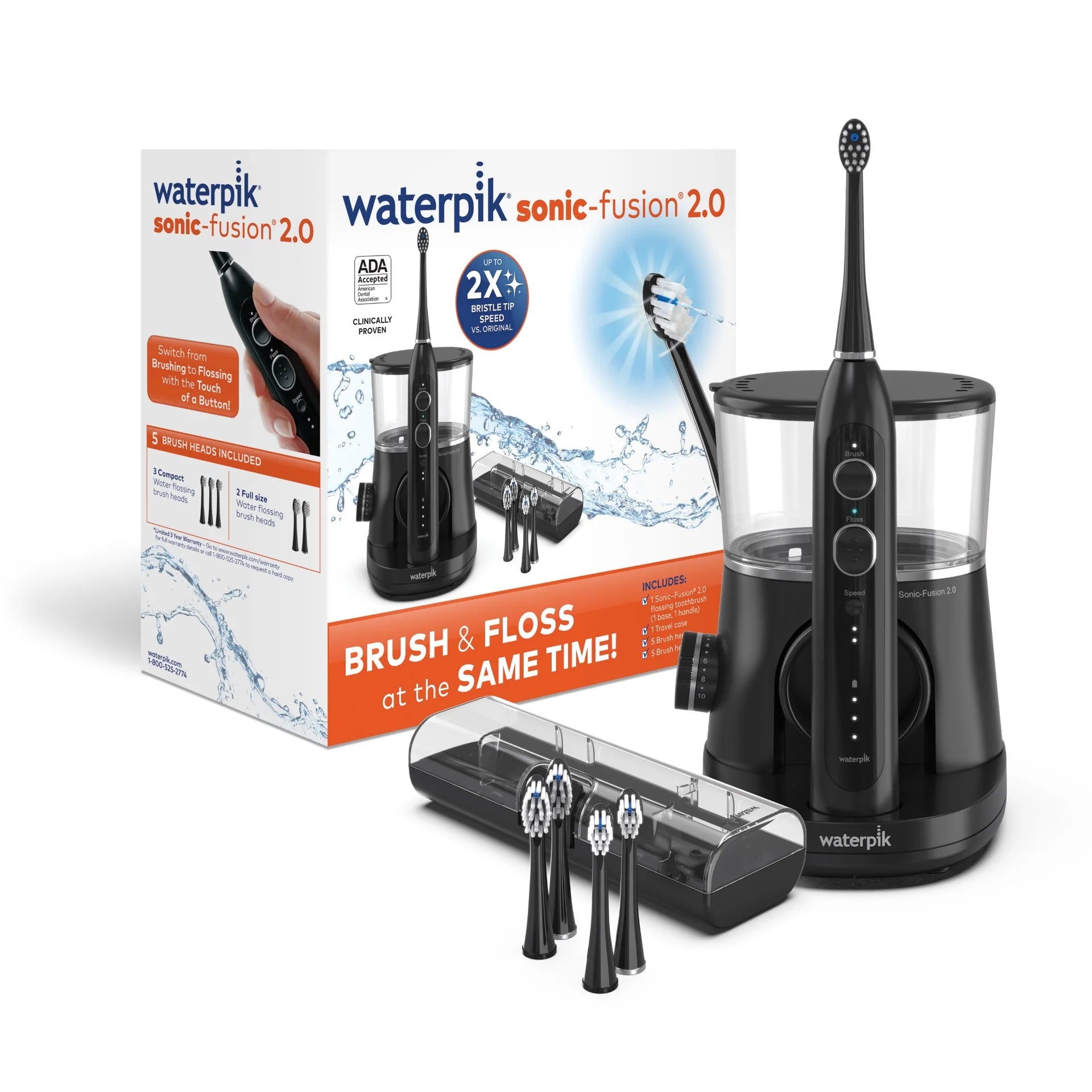 Waterpik Sonic-Fusion 2.0 Flossing Electric Toothbrush Set, 5 Brush Heads, Black