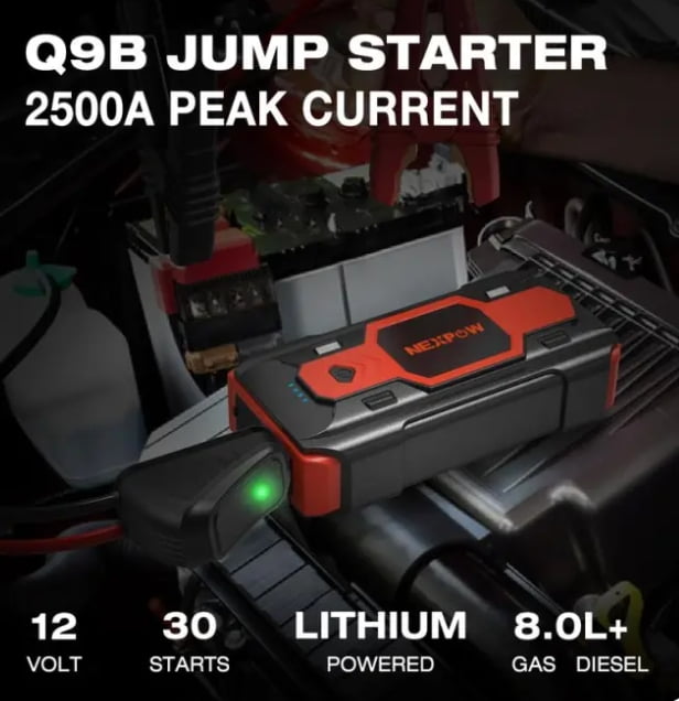 Battery Jump Starter 2500A Car Jump Starter (up to 8.0L Gas/8L Diesel Engines) 12V Car Battery Booster Pack with USB Quick Charge 3.0 and 4 LED Modes Red Blue Warning