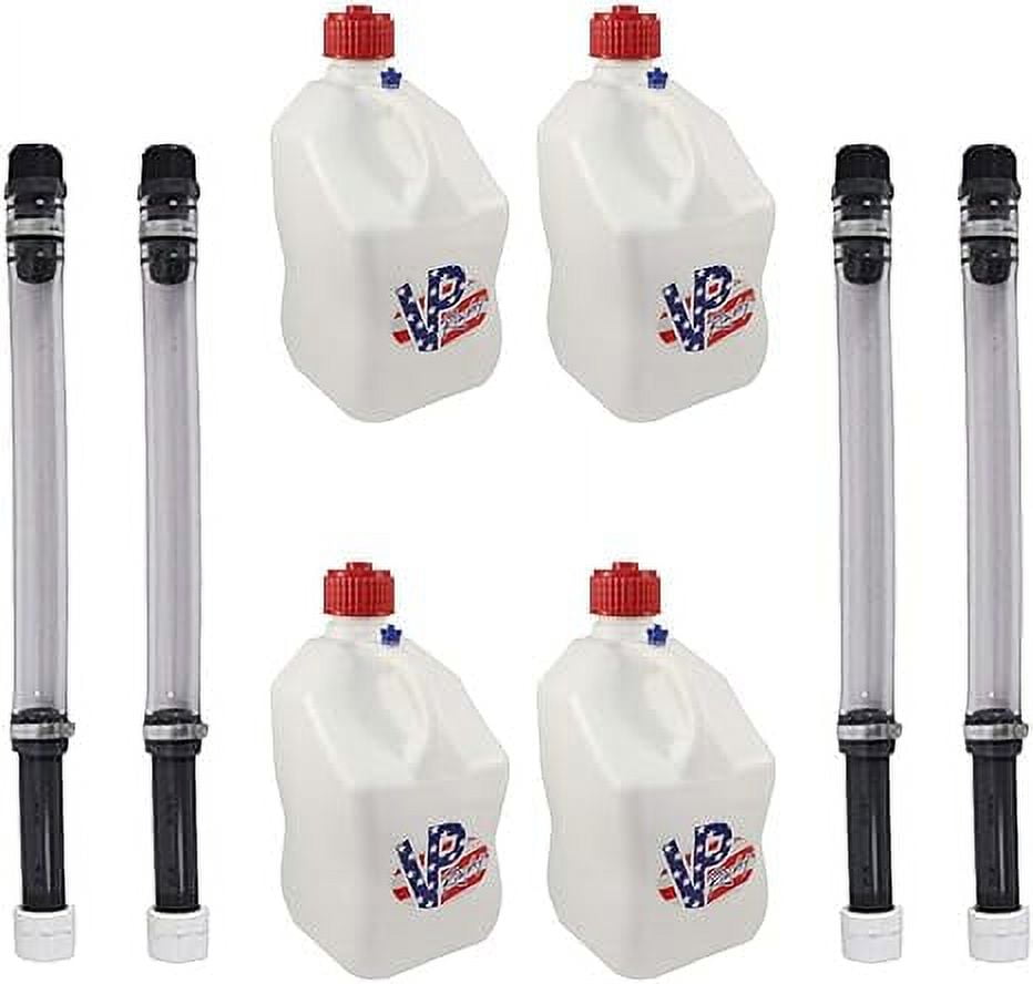 VP Racing Fuels 5 Gallon Square Motorsport Patriotic Racing Utility Container w/ Deluxe Filler Hose (4 Pack) Close-Trimmed Cap and Neck for Tight Seal