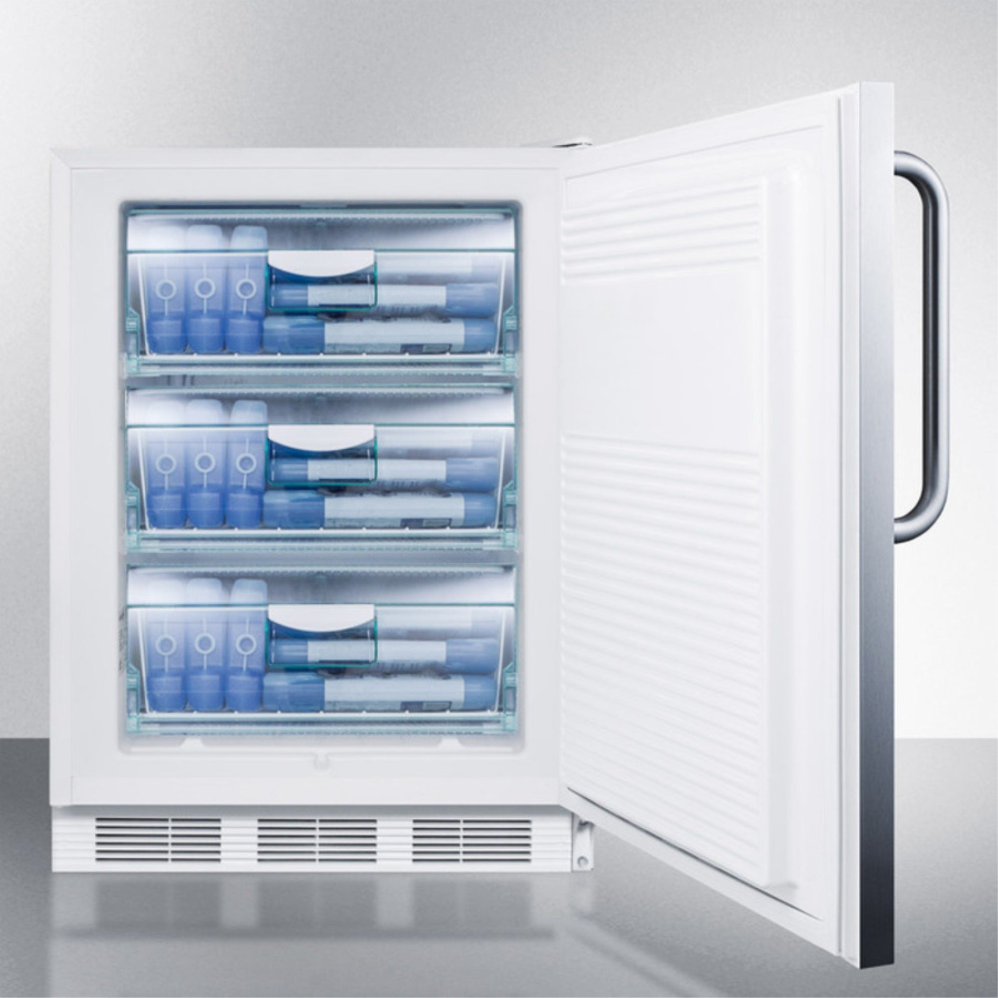 Commercial built-in medical all-freezer capable of -25 C operation in complete stainless steel with front lock