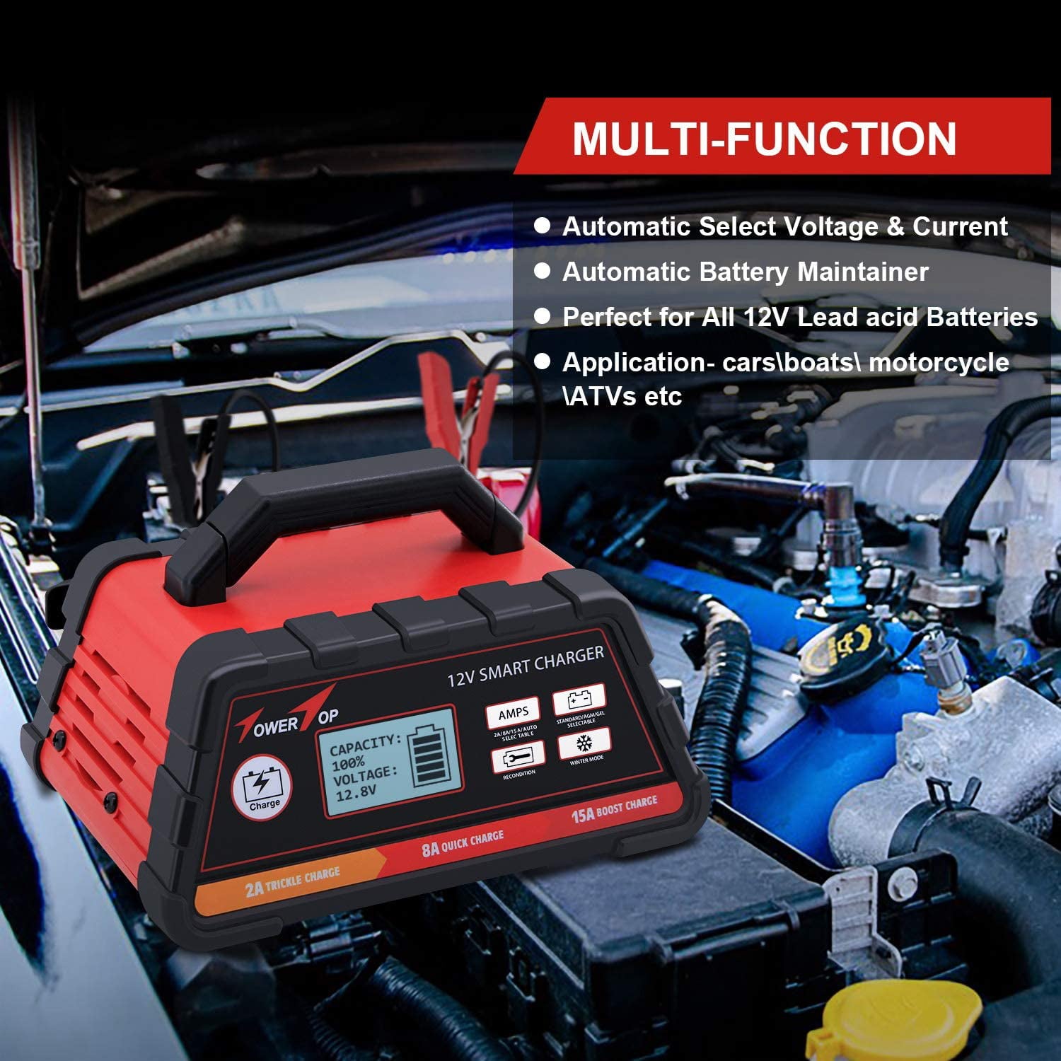 Towertop 12V 2/8/15A Smart Battery Charger/Maintainer Fully Automatic with Winter Mode