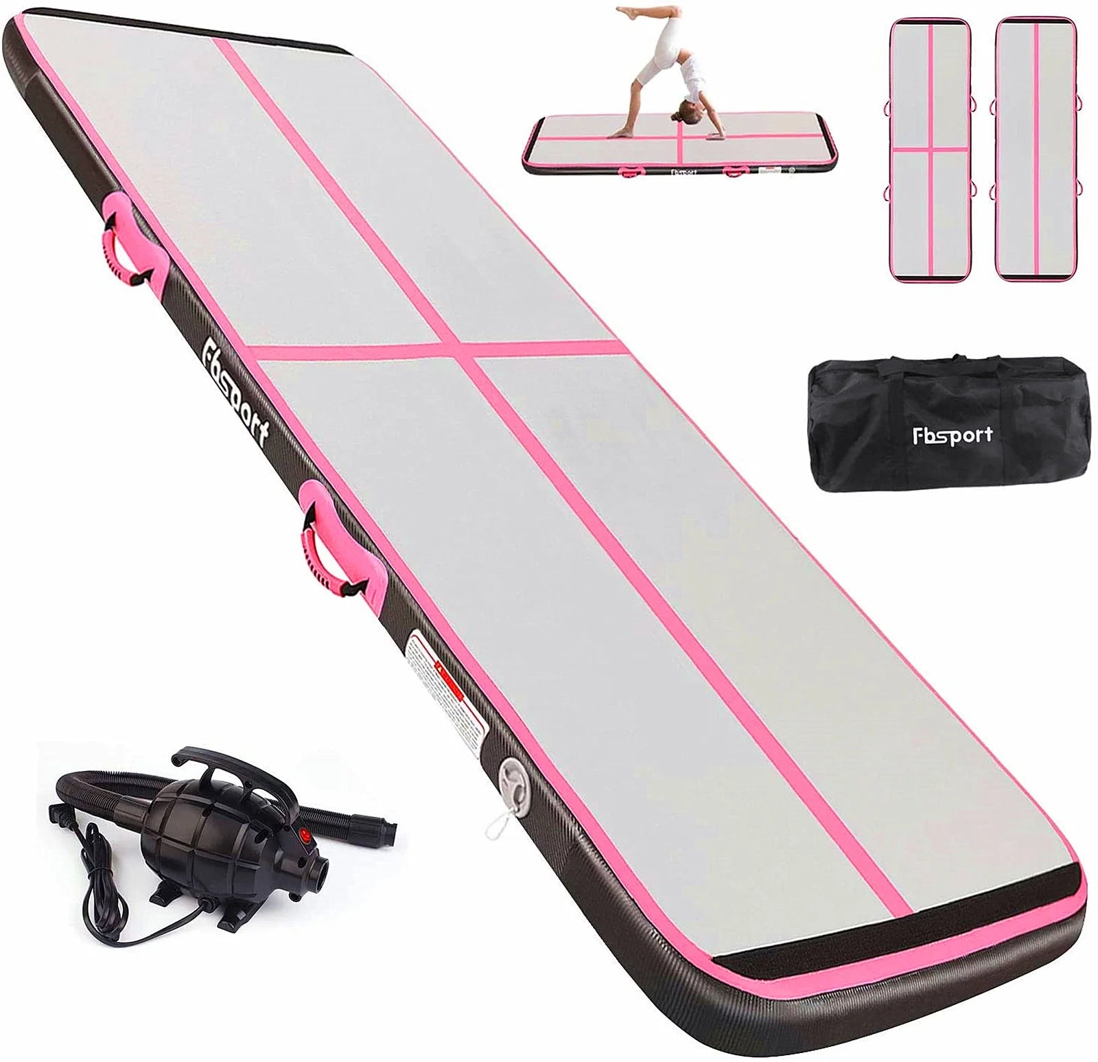 FBSPORT Inflatable Air Gymnastics Mat Training Mats 4 inches Thickness 16ft Gymnastics Tracks for Home Use/Training/Cheerleading/Yoga/Water with Pump Black Green