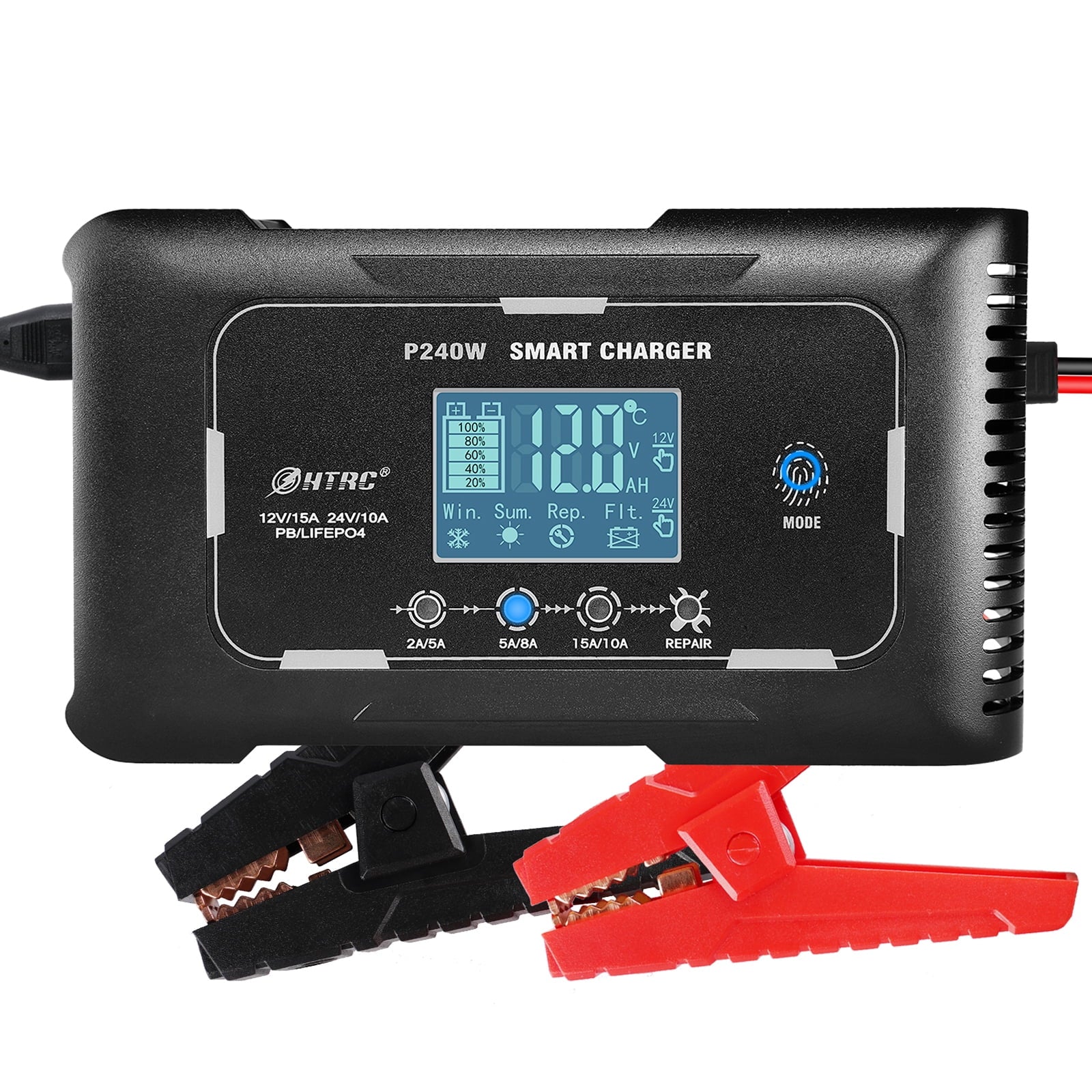 HTRC Automatic 12V/24V 15A Car Battery Charger for RV PB LIFEPO4 AGM (EU)