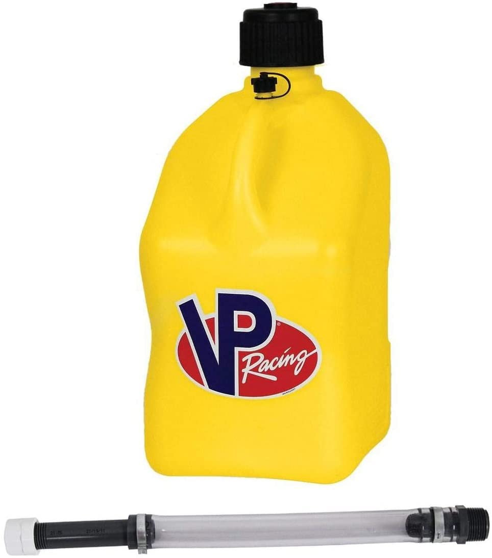 VP Racing Fuels Motorsport 5 Gallon Square Plastic Utility Jug Yellow 2/ 14 Inch Hose 4 Pack Features Close-Trimmed Cap and Neck for Tight Seal