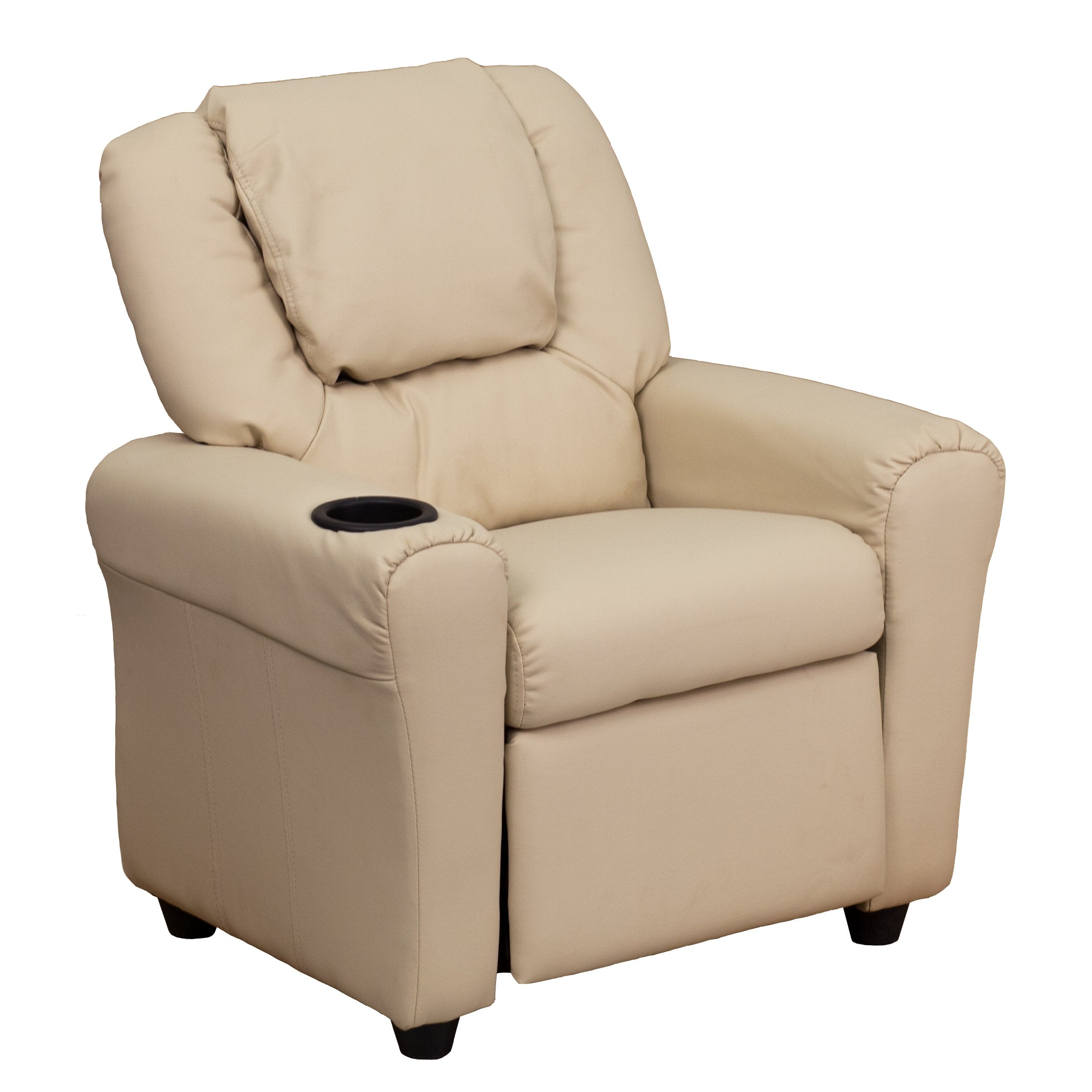 EMMA + OLIVER Beige Vinyl Kids Recliner with Cup Holder and Headrest