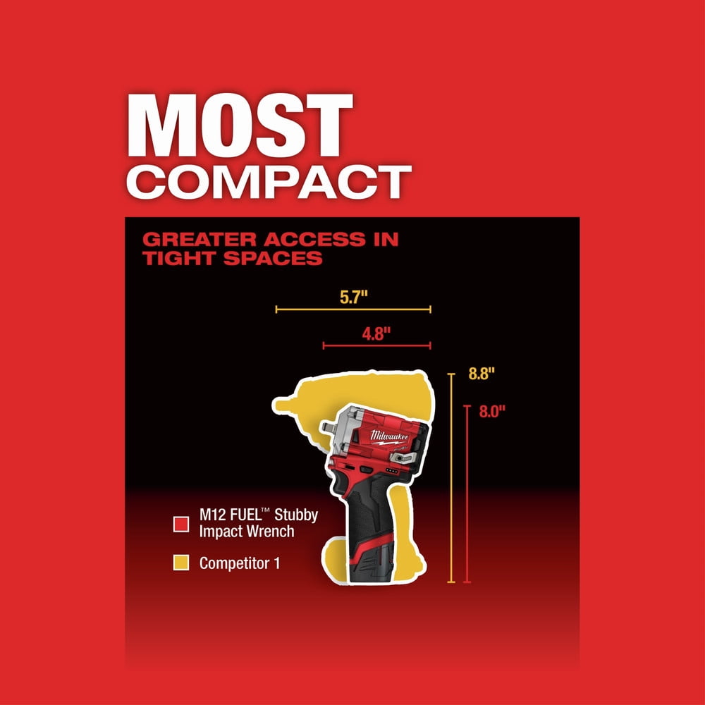 Milwaukee 2554-22 M12 FUEL Stubby 3/8 in. Impact Wrench Kit (2 Ah/4 Ah)