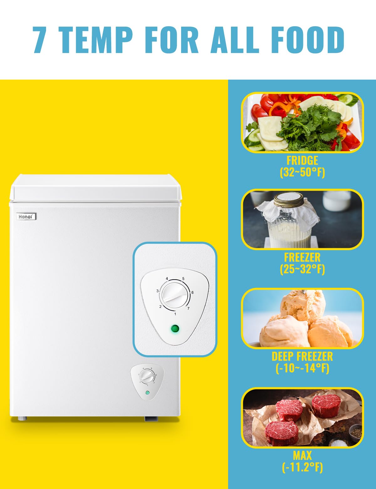 3.5 Cubic Feet Chest Freezer Small Deep Freezers with Removable Storage Basket Free Standing Top Door Compact Freezer 7 Gears Temperature Control for Office Dorm Apartment