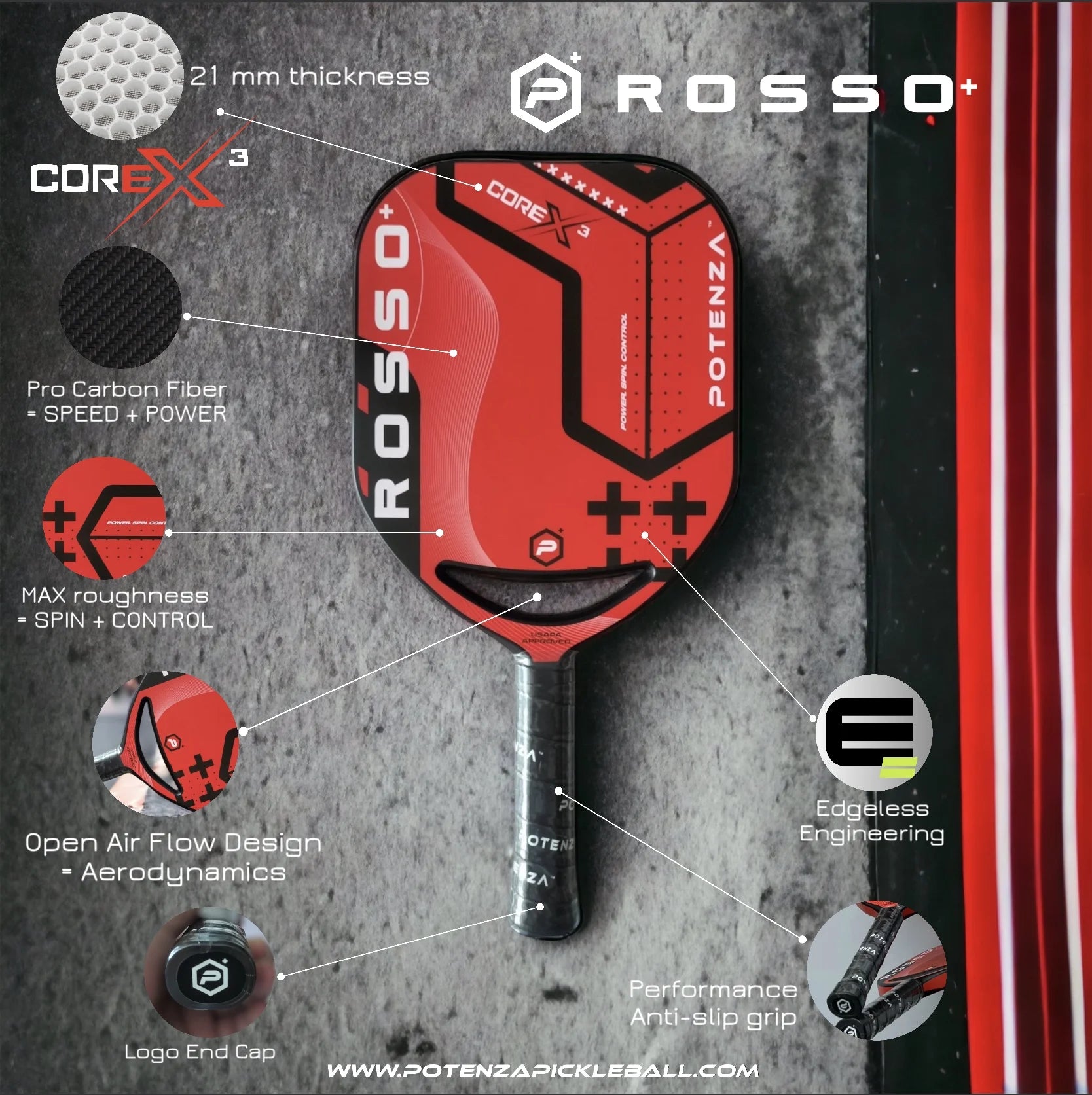 Potenza ROSSO+ Pro Pickleball Paddle (Carbon Fiber, 21mm COREx3 Open Throat)