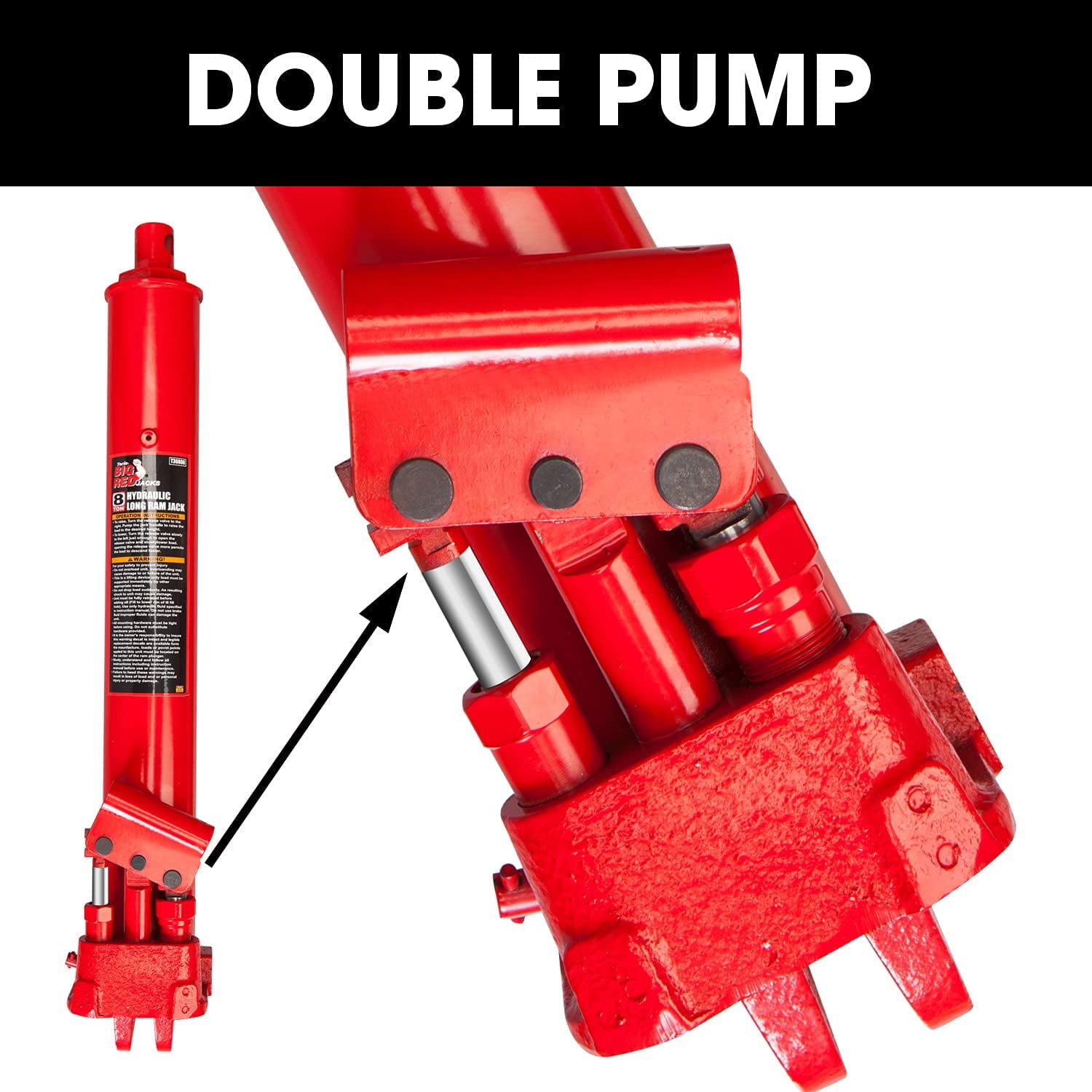 Big Red Hydraulic Long Ram Jack with Double Piston Pump and Clevis Base,8 Ton (16,000 lb) Capacity,Red,W808R