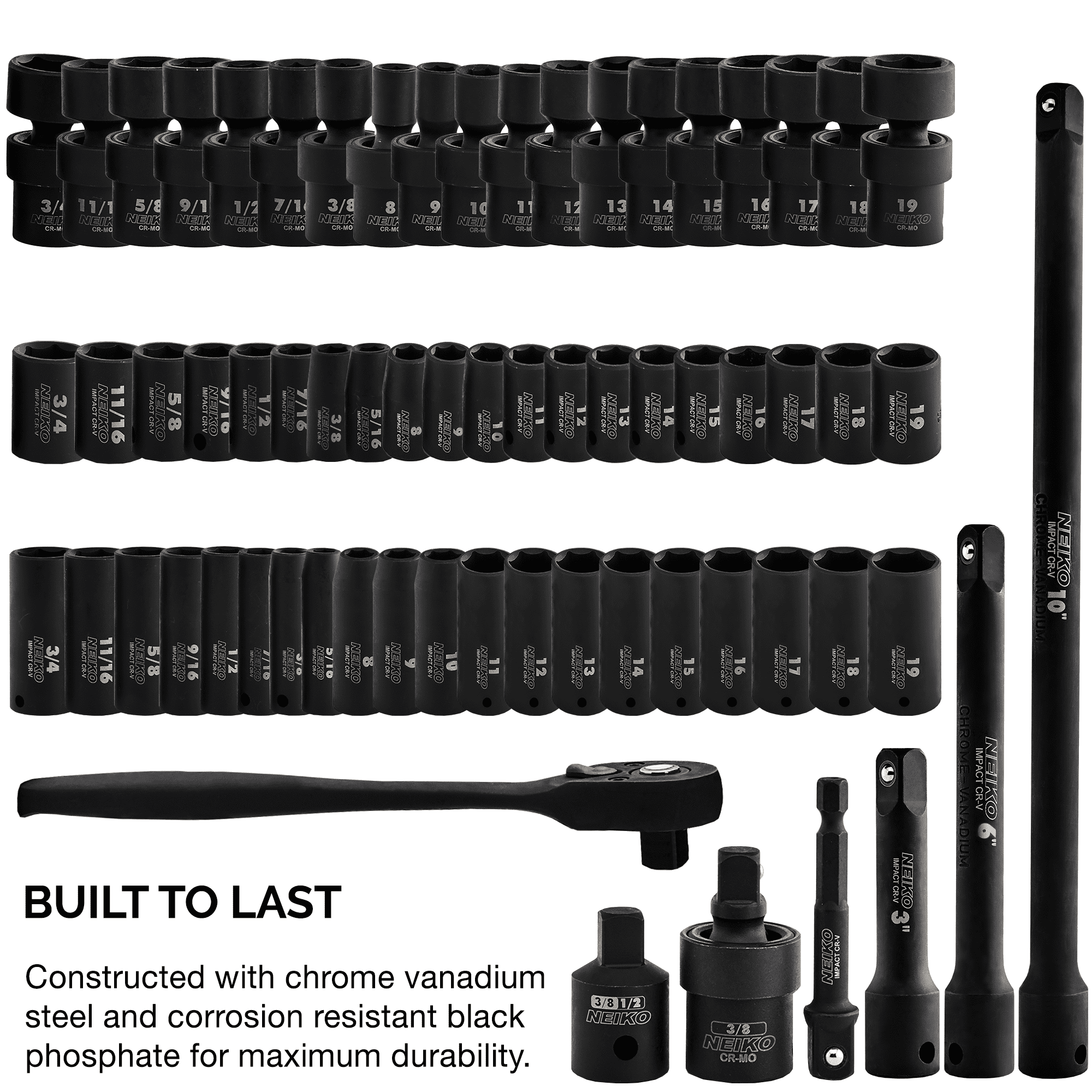 NEIKO 02471A Impact Socket Set, 3/8” Drive, 67 Piece, Metric and Standard Master Socket Set with Shallow & Deep Sockets, Ratchet, Swivel Sockets, Extension Bars, Adapters, Cr-V & Cr-Mo